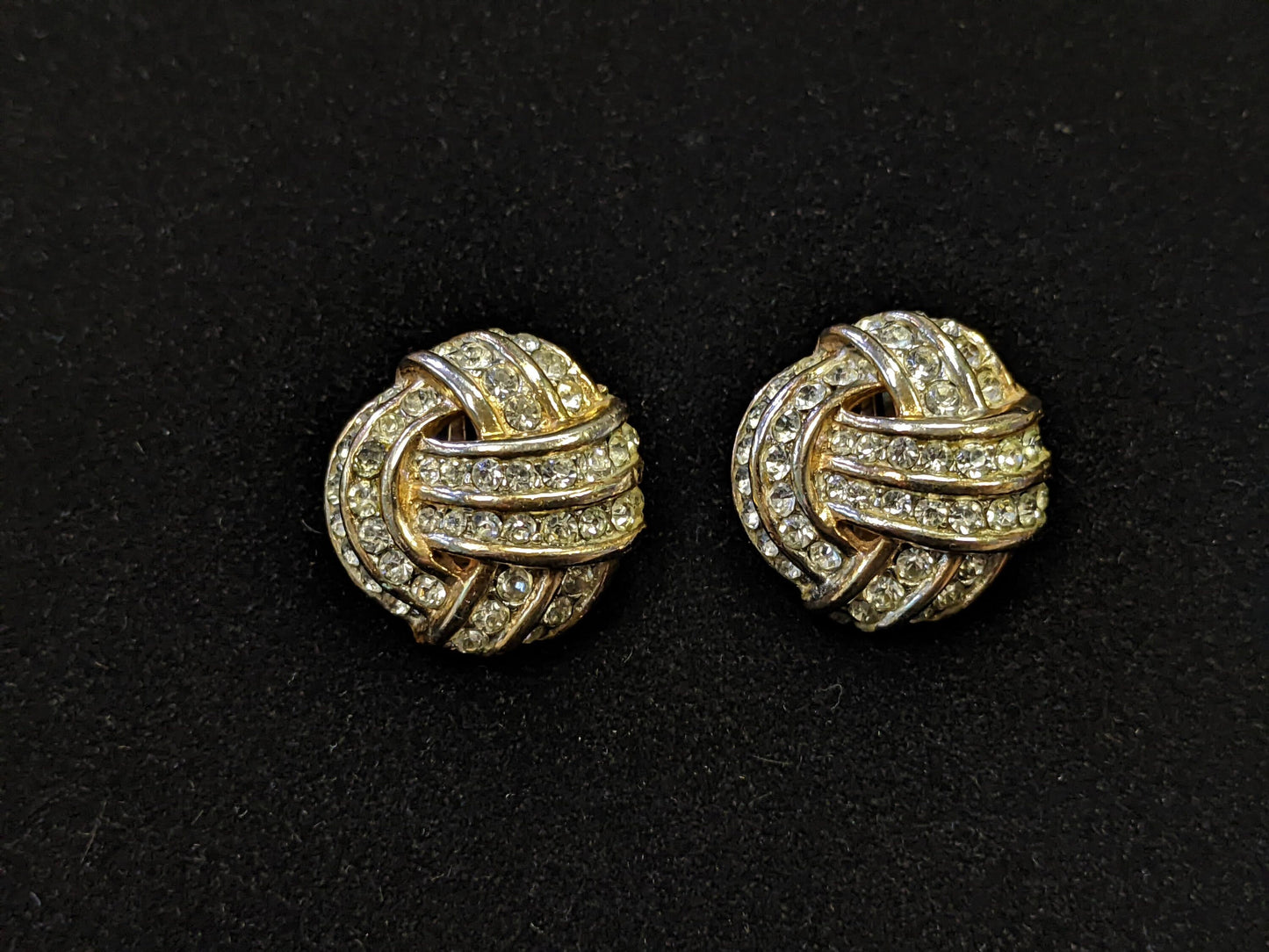 Wedding Ready! Dazzling Gold Circle Tied Knot Clip on Earrings With Crystals - Vintage