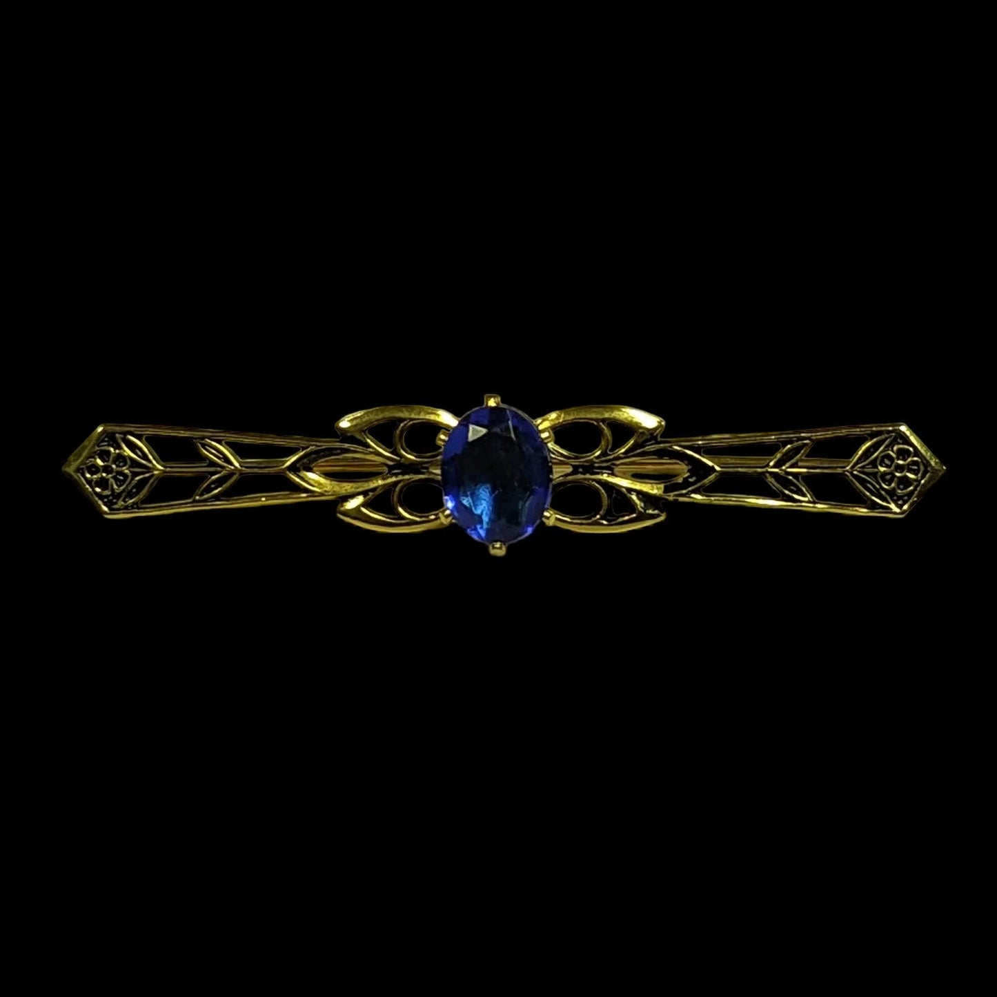 Collar Pin - Prong Set Blue Crystal Setting on Gold Tone Frame with Flower Accents- Vintage