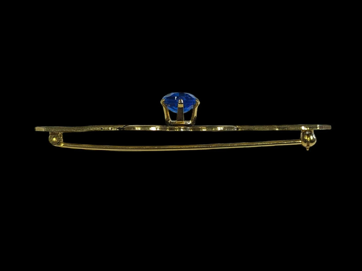 Collar Pin - Prong Set Blue Crystal Setting on Gold Tone Frame with Flower Accents- Vintage