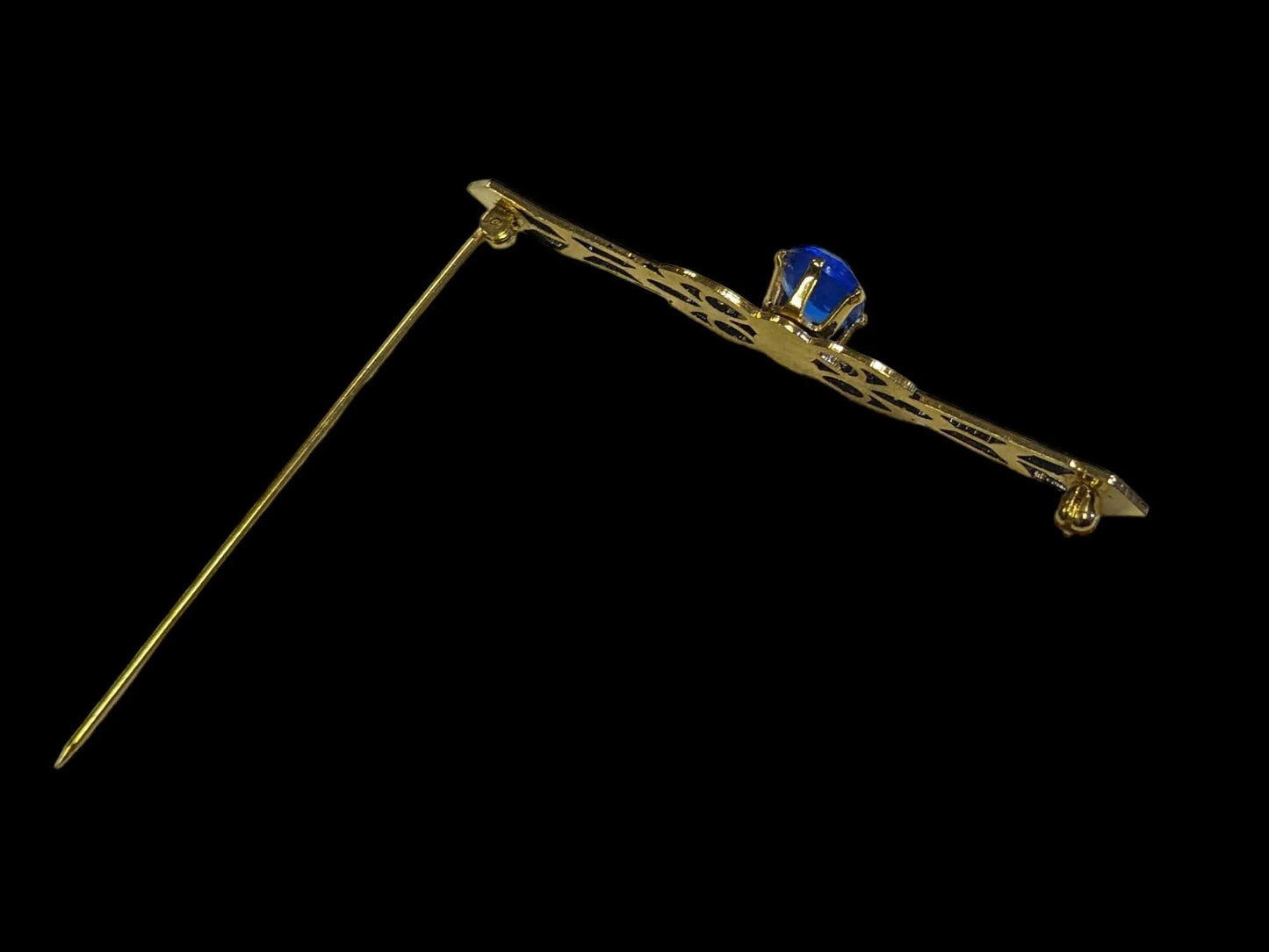 Collar Pin - Prong Set Blue Crystal Setting on Gold Tone Frame with Flower Accents- Vintage