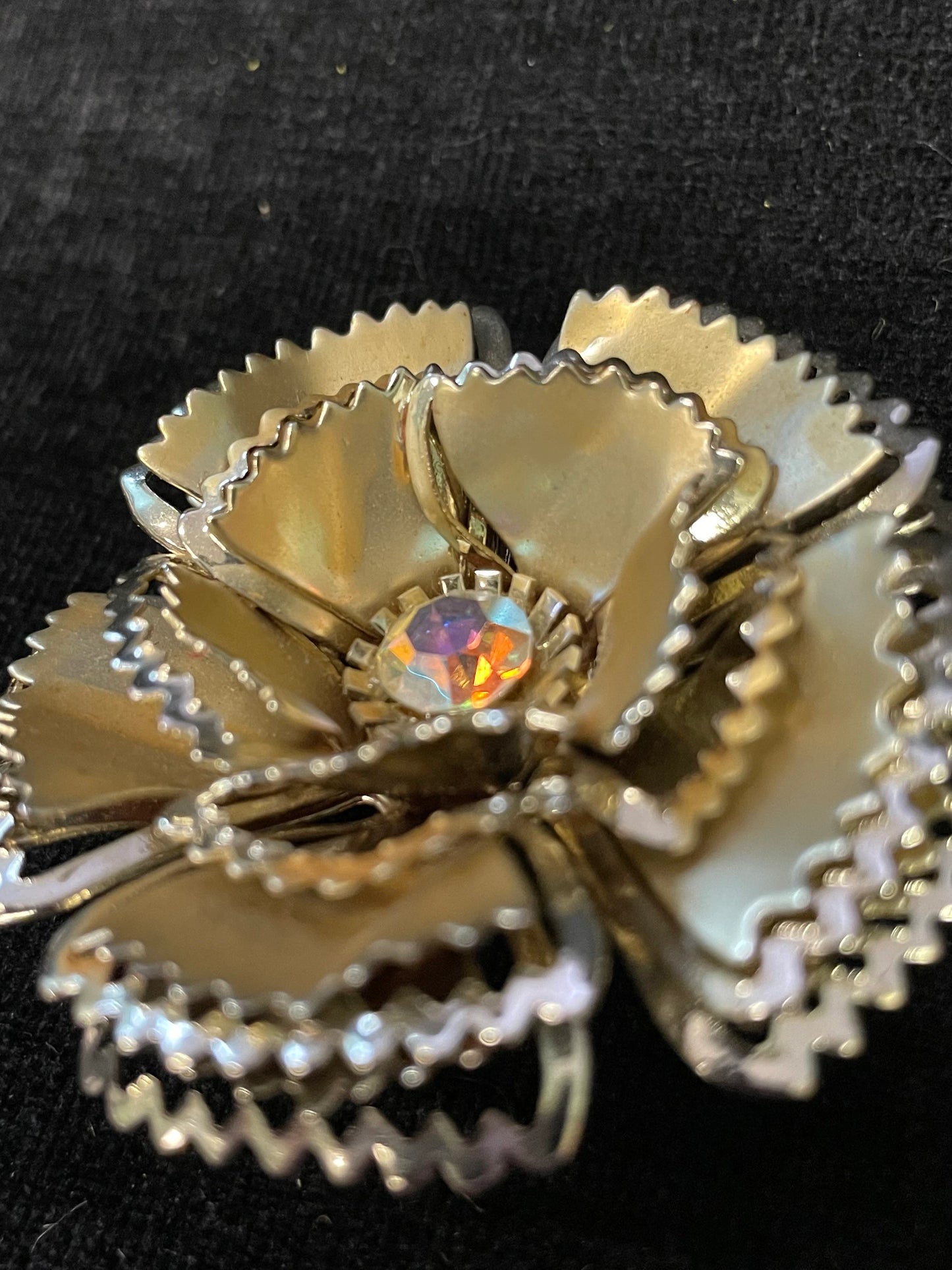 Scalloped Layered Metal Flower Petals with Aurora Borealis Crystal Center - Large Flower Brooch with Aurora Borealis Crystal Rhinestone