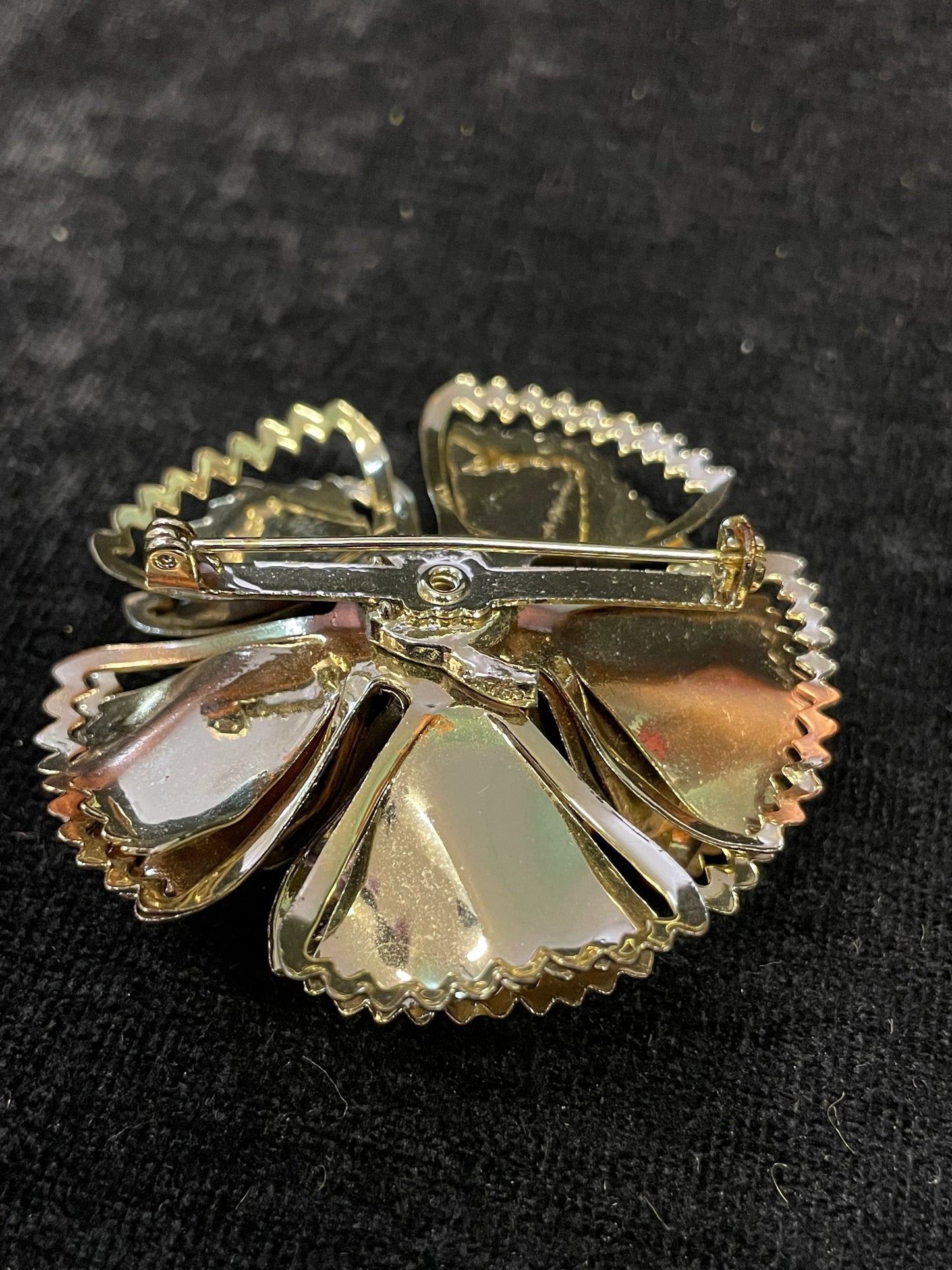 Scalloped Layered Metal Flower Petals with Aurora Borealis Crystal Center - Large Flower Brooch with Aurora Borealis Crystal Rhinestone