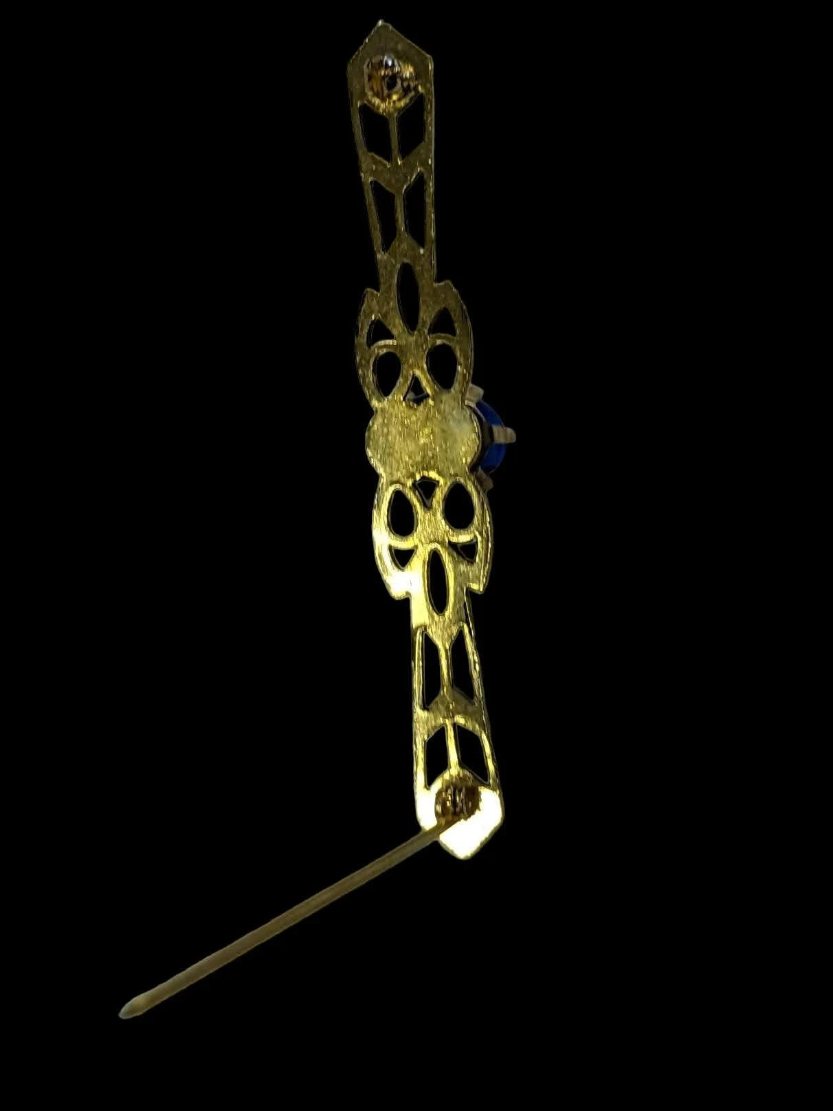 Collar Pin - Prong Set Blue Crystal Setting on Gold Tone Frame with Flower Accents- Vintage