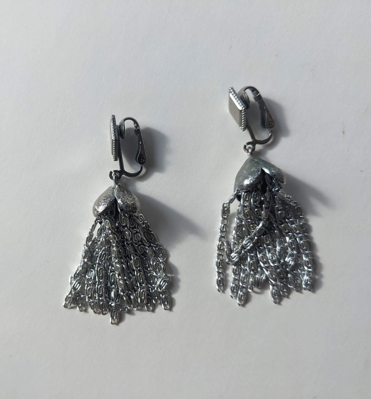 Vintage Silver Tassel Clip on Earrings