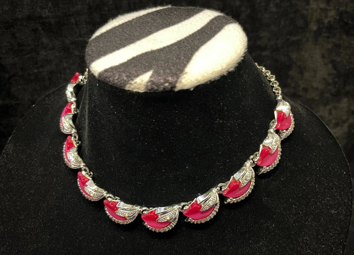 Silver Necklace with Pink Lucite Cabochons and Aurora Borealis Rhinestone Setting