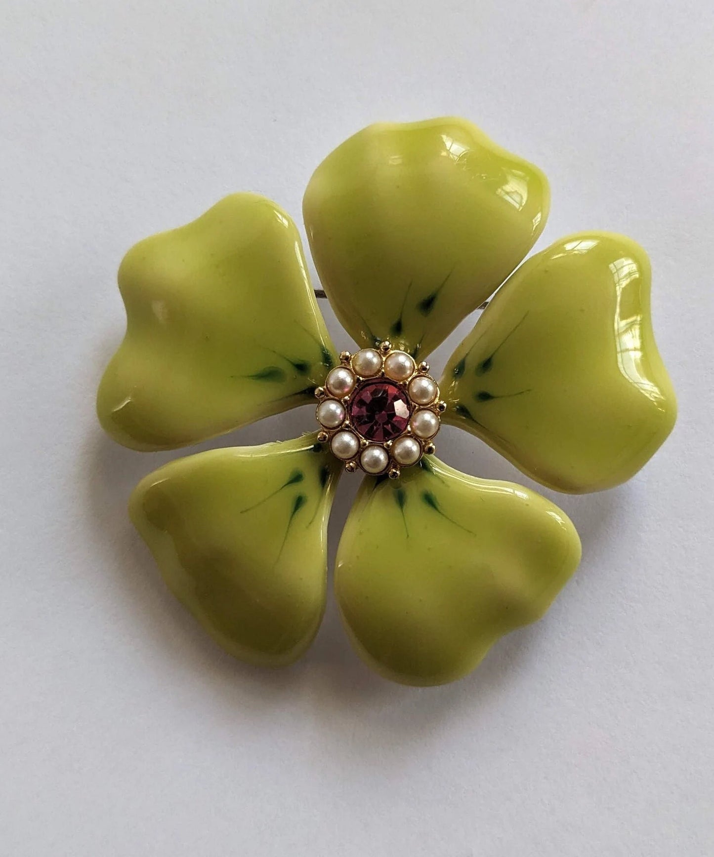 Large Porcelain Enameled Chartreuse Posey Brooch- Spectacular Vintage 1960s Enameled Jewelry