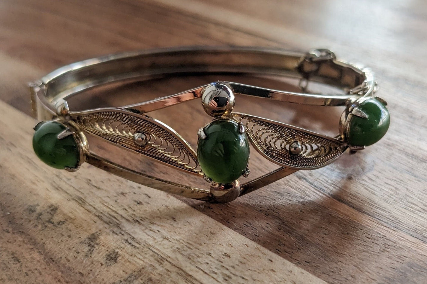 Sorento Jade and Sterling Filigree Bangle Bracelet - Vintage Sorento