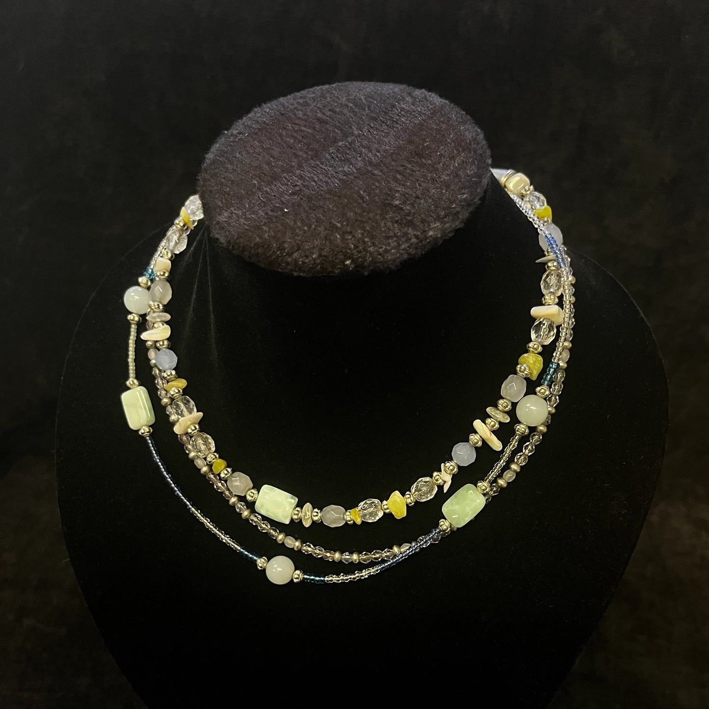 Three Strand Choker Necklace - Quartz, Agate and Crystal Bead Necklace - Maker's Mark Lia Sophia - Beautiful Pale Green Choker Necklace