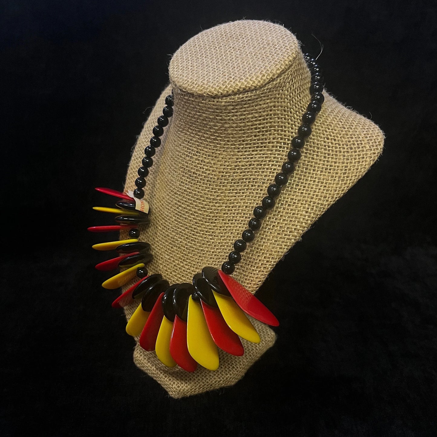 Mid Century Classic Disk Bead Necklace in Red, Yellow, and Black