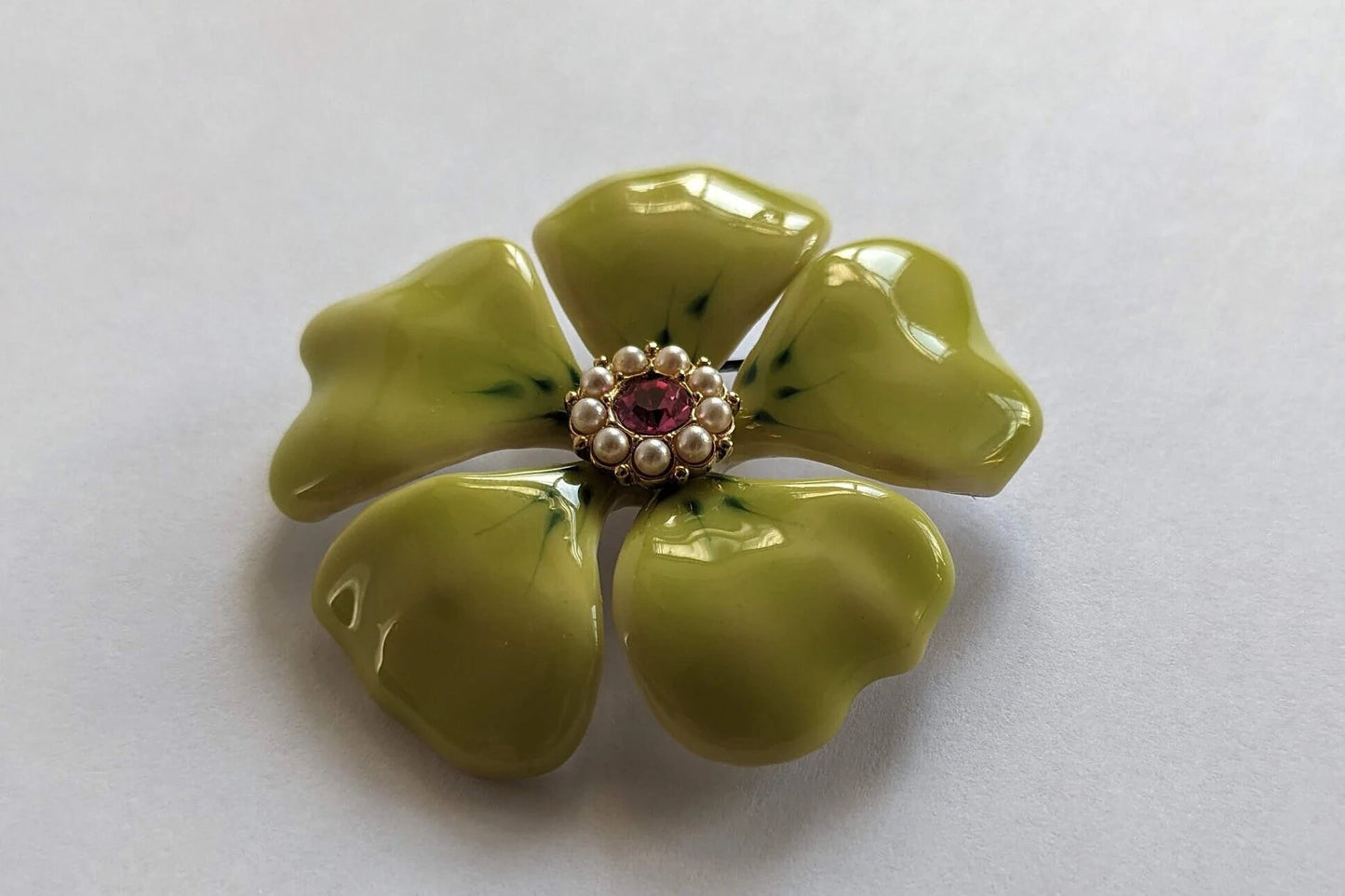 Large Porcelain Enameled Chartreuse Posey Brooch- Spectacular Vintage 1960s Enameled Jewelry