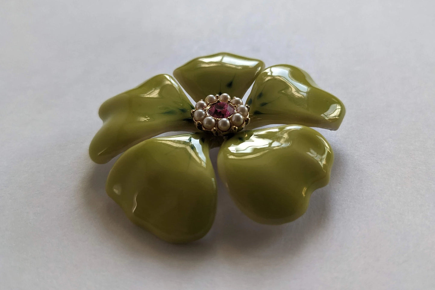 Large Porcelain Enameled Chartreuse Posey Brooch- Spectacular Vintage 1960s Enameled Jewelry