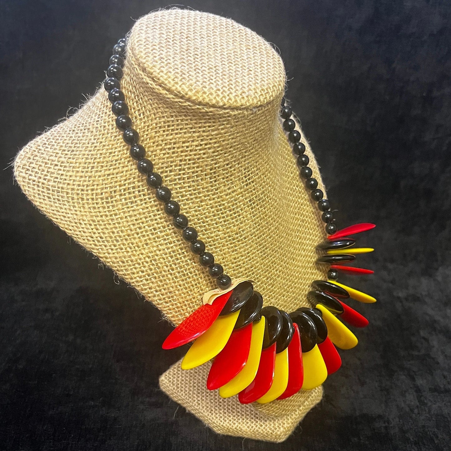 Mid Century Classic Disk Bead Necklace in Red, Yellow, and Black