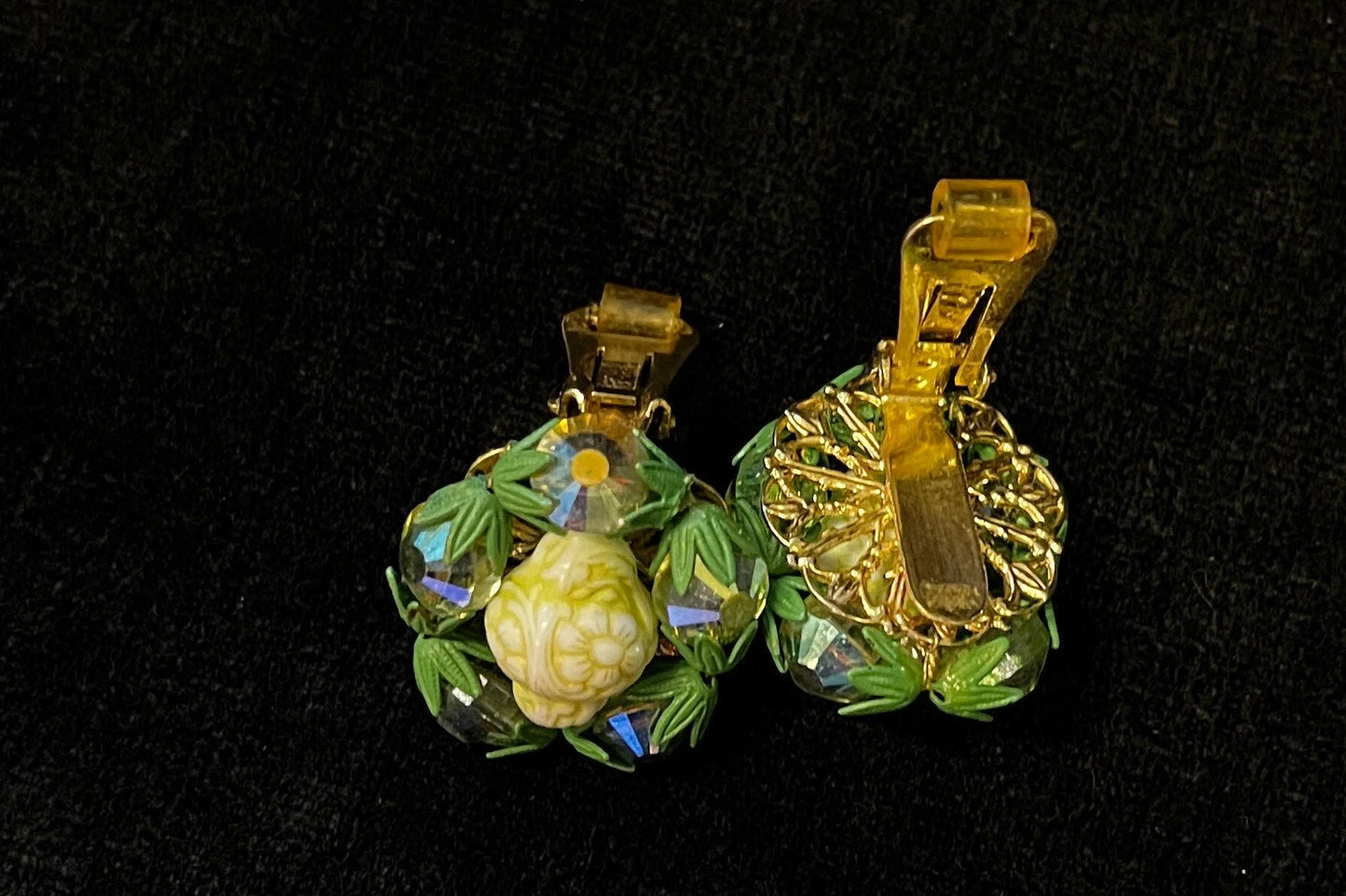 Hobe Clip on Earrings with Green Crystals Surrounding a Creamy Carved Center Settings - Hobe Earrings in Green and Cream