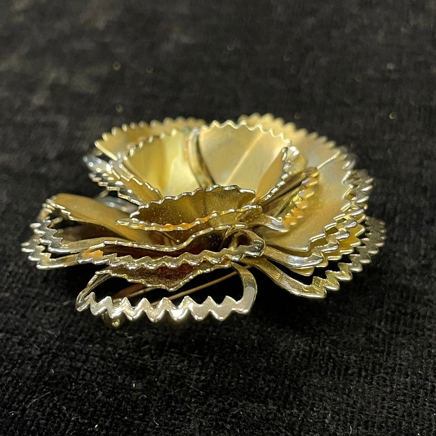 Scalloped Layered Metal Flower Petals with Aurora Borealis Crystal Center - Large Flower Brooch with Aurora Borealis Crystal Rhinestone