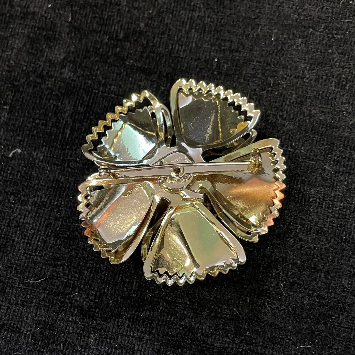 Scalloped Layered Metal Flower Petals with Aurora Borealis Crystal Center - Large Flower Brooch with Aurora Borealis Crystal Rhinestone