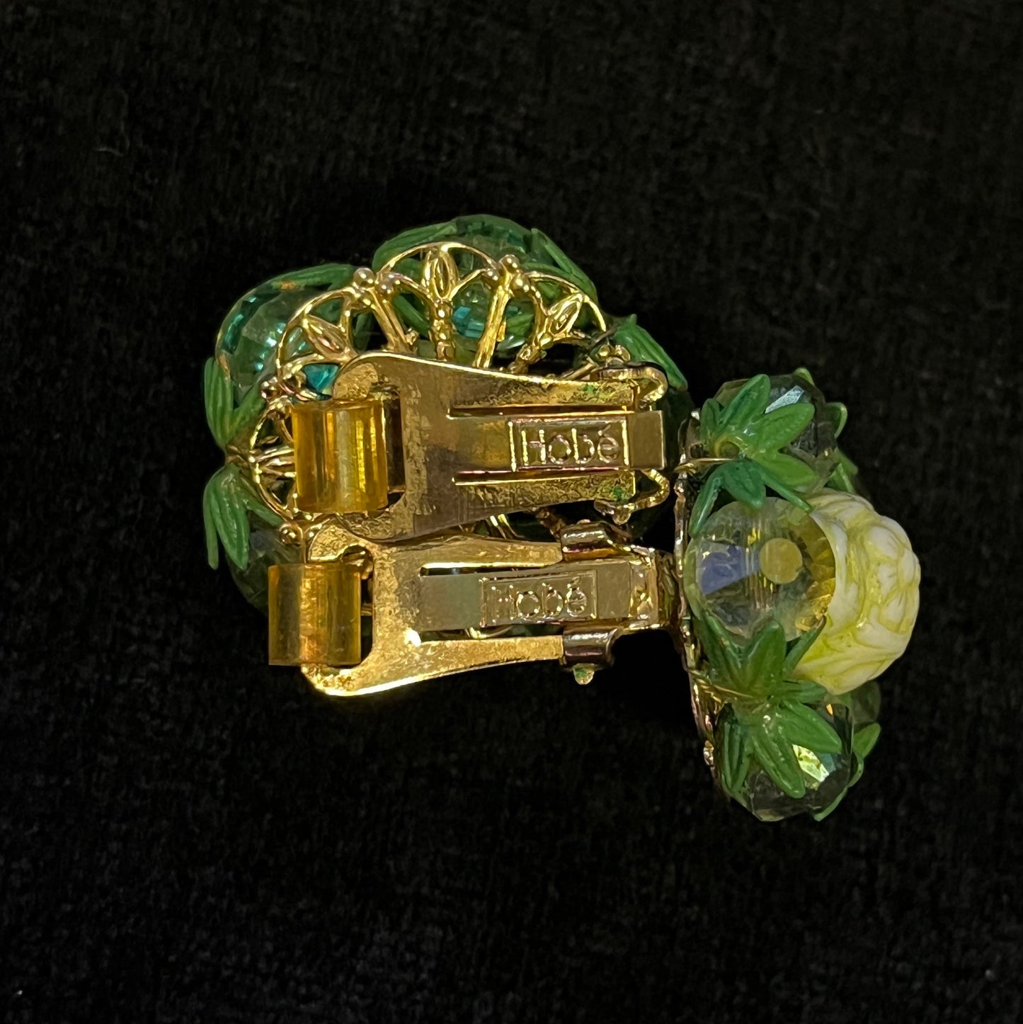 Hobe Clip on Earrings with Green Crystals Surrounding a Creamy Carved Center Settings - Hobe Earrings in Green and Cream