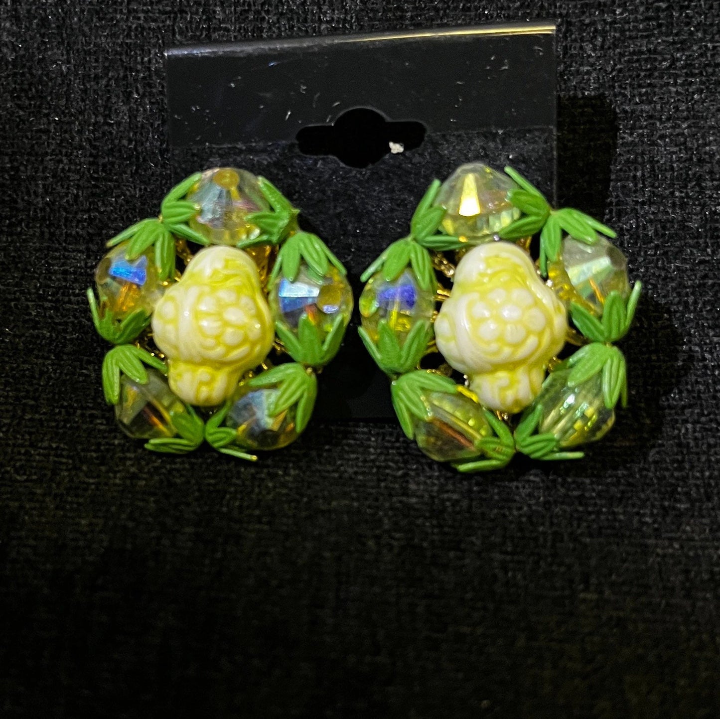 Hobe Clip on Earrings with Green Crystals Surrounding a Creamy Carved Center Settings - Hobe Earrings in Green and Cream