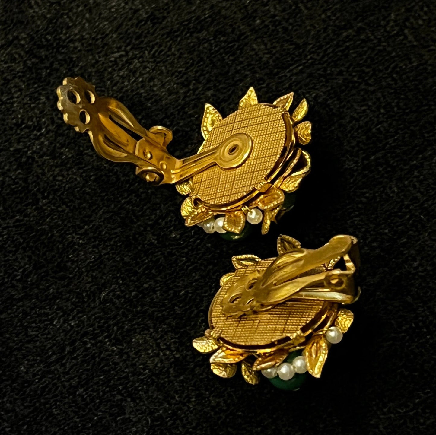 Gold, Pearl and Jade Flower Cluster Clip-On Earrings