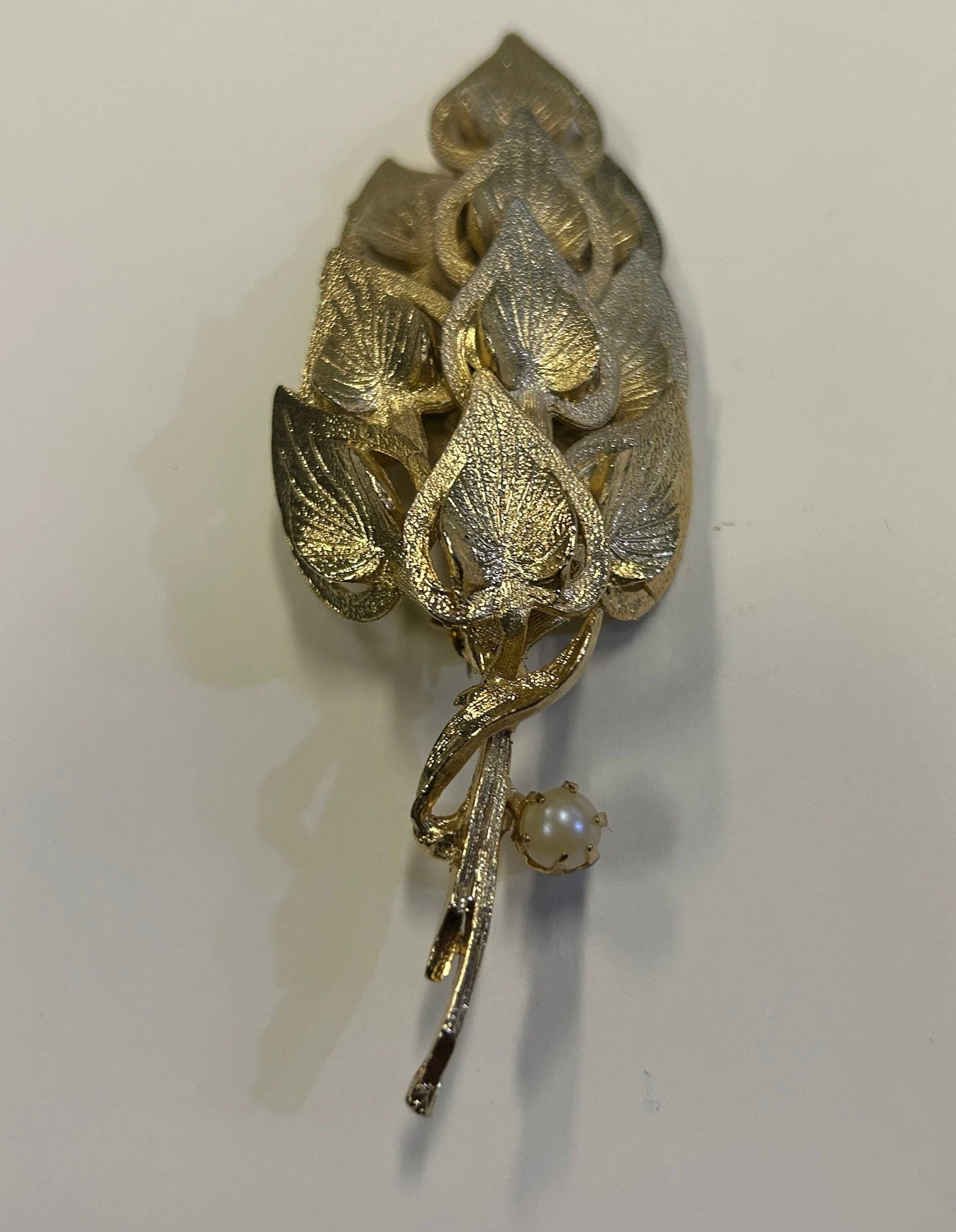 Puccini Original Golden Leaves Brooch - Faux Pearl Accent - Mid Century large 4" Puccini Original Vintage Brooch