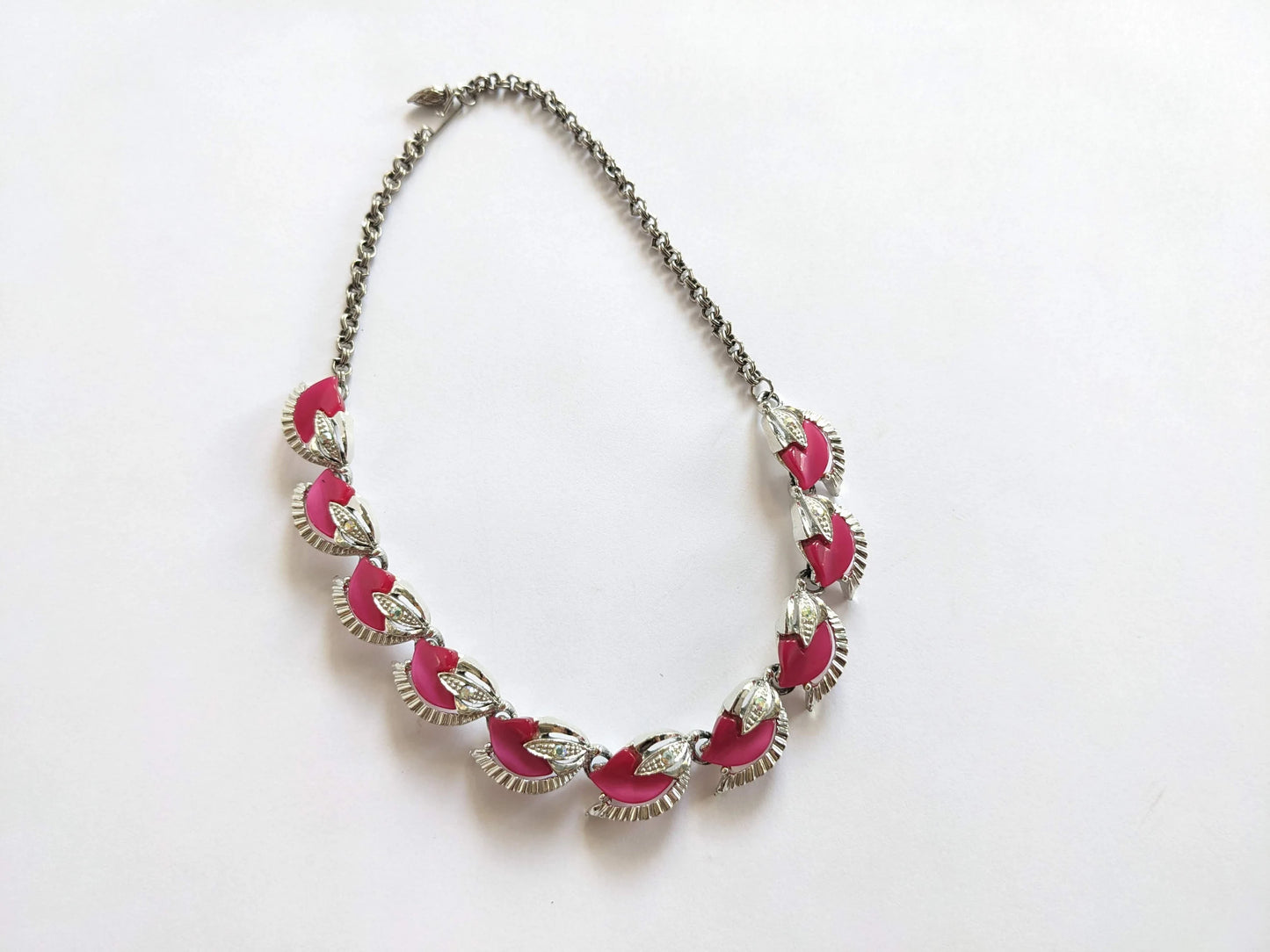 Silver Necklace with Pink Lucite Cabochons and Aurora Borealis Rhinestone Setting