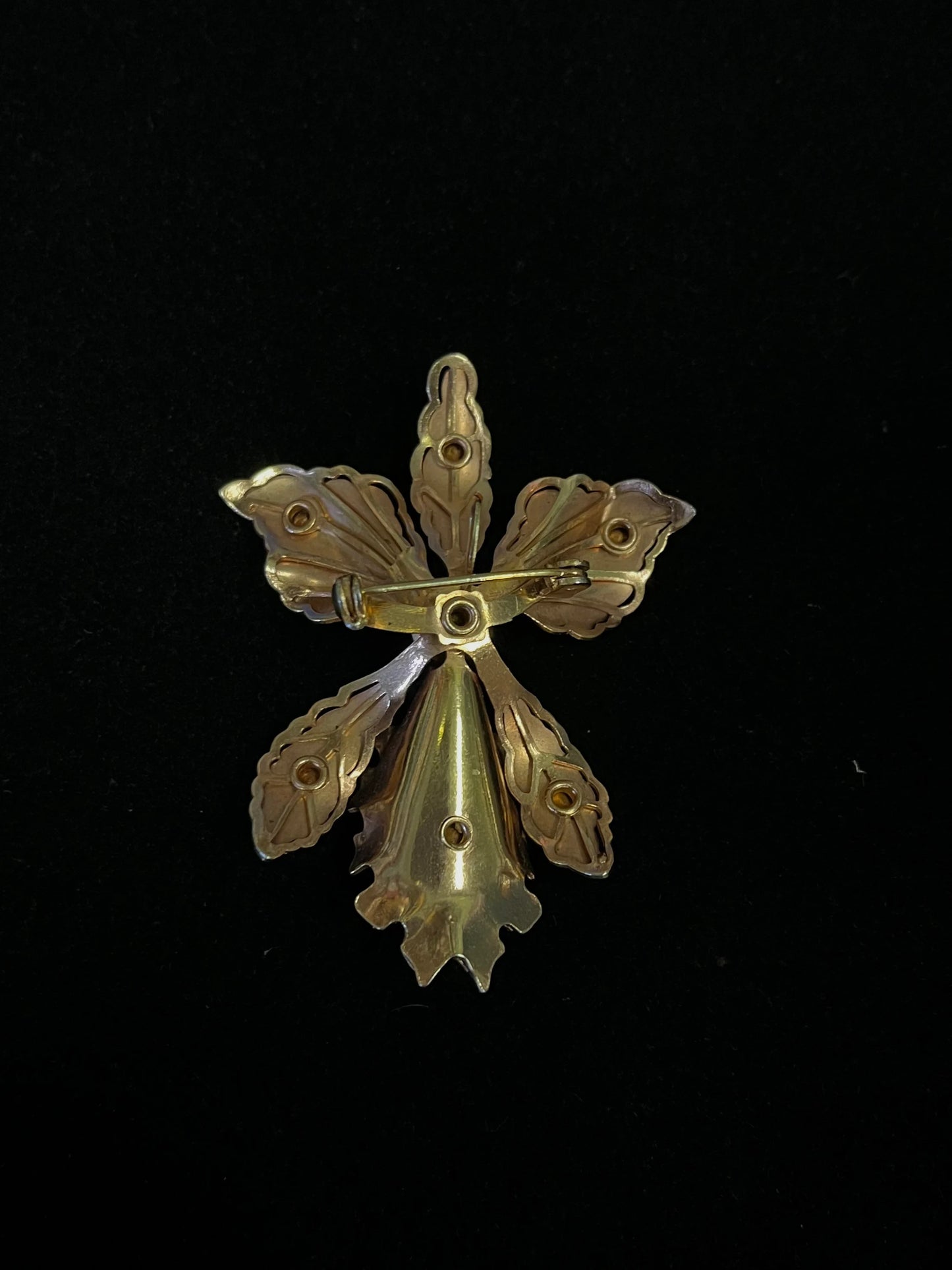 Rose Gold Plated Flower Brooch - Vintage - Iris - Purple Crystals