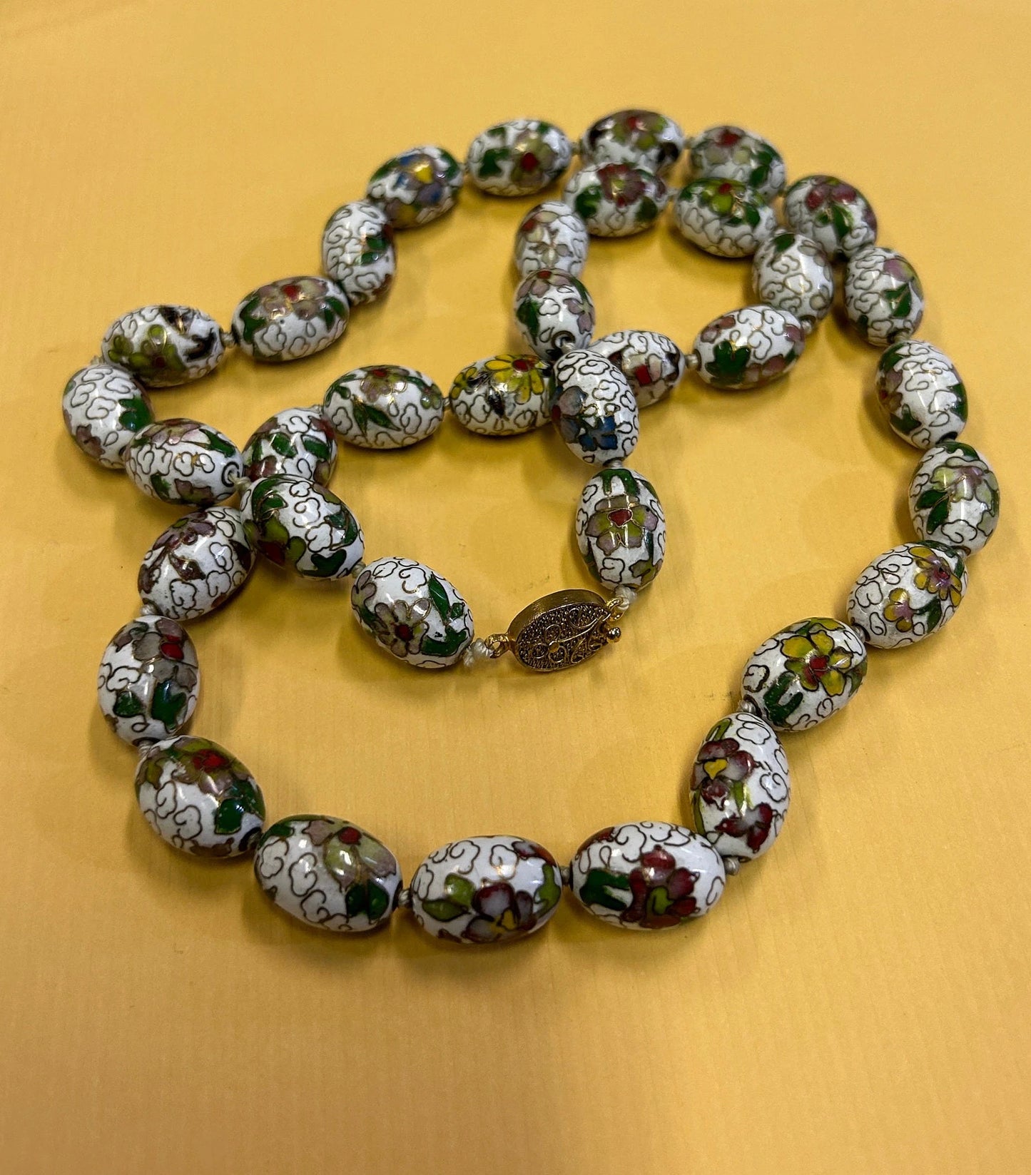 Hand Knotted Chinese Cloissone Necklace - Gold inlay - Vintage Chinoiserie Necklace
