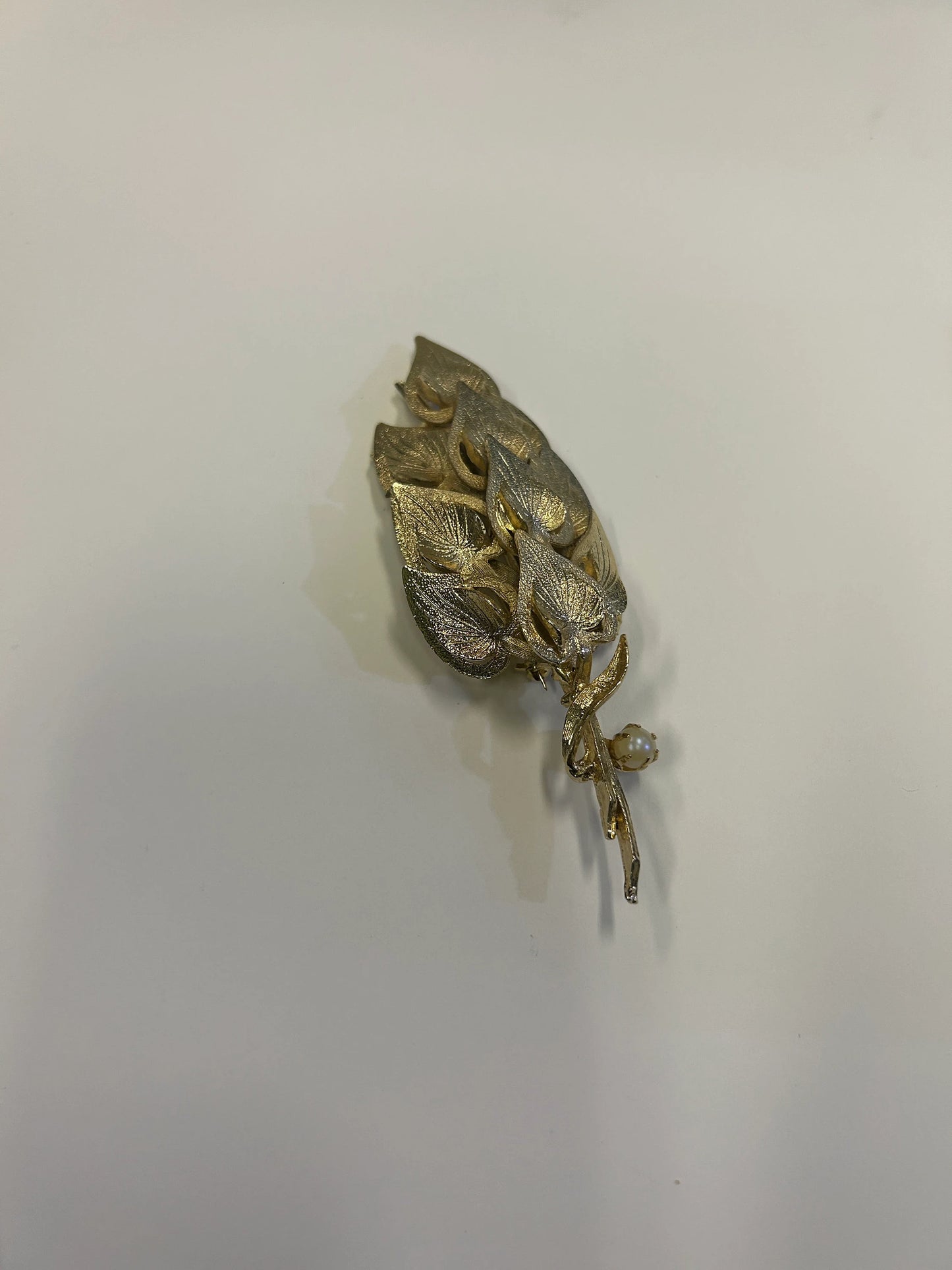 Puccini Original Golden Leaves Brooch - Faux Pearl Accent - Mid Century large 4" Puccini Original Vintage Brooch