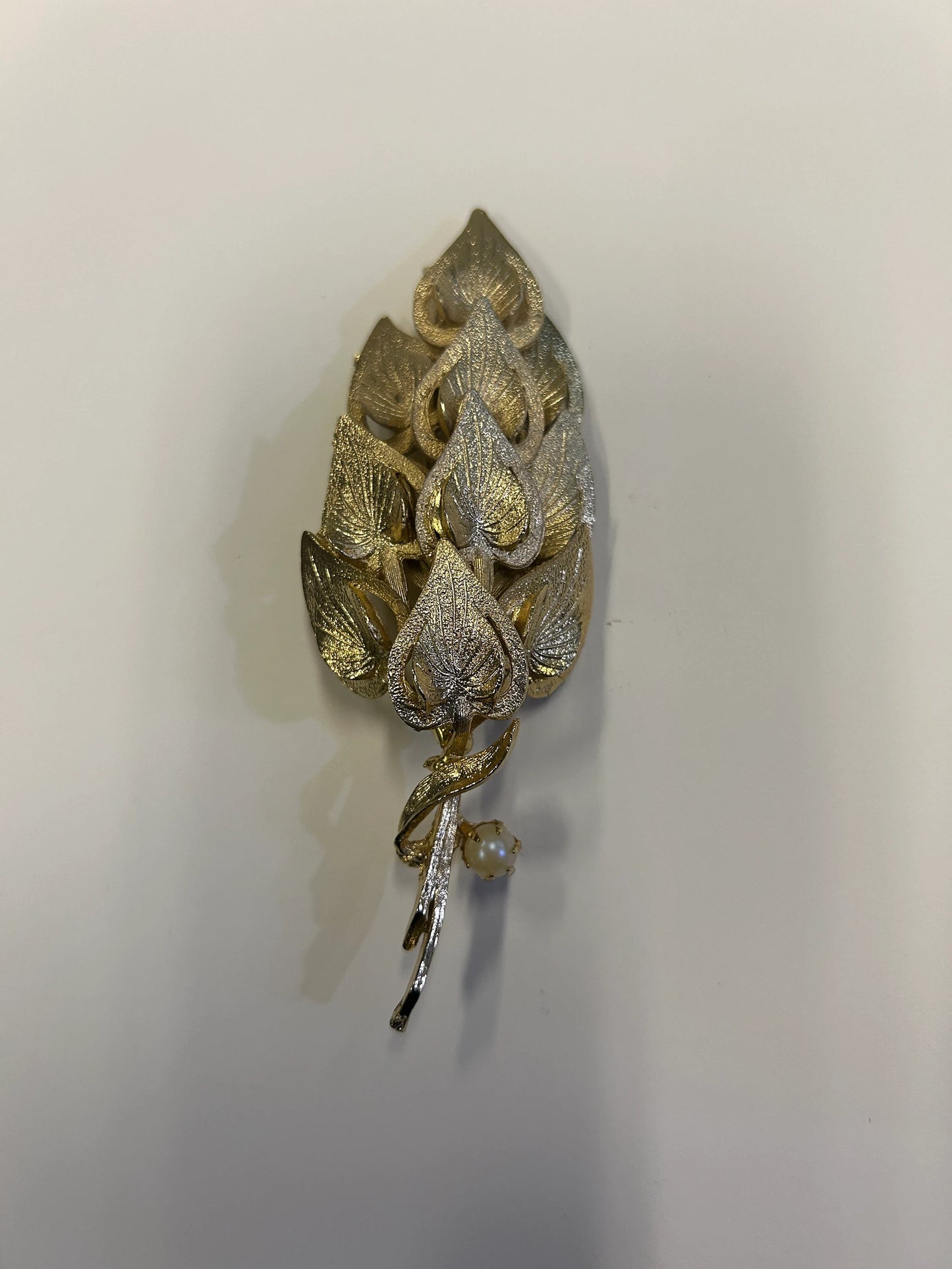 Puccini Original Golden Leaves Brooch - Faux Pearl Accent - Mid Century large 4" Puccini Original Vintage Brooch