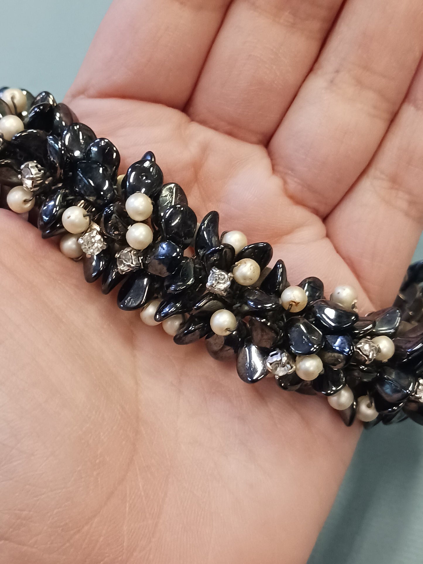Black Onyx and Seed Pearls entwined with Crystal Choker - Stunning Vintage Necklace - Measures (Small) 11" length h
