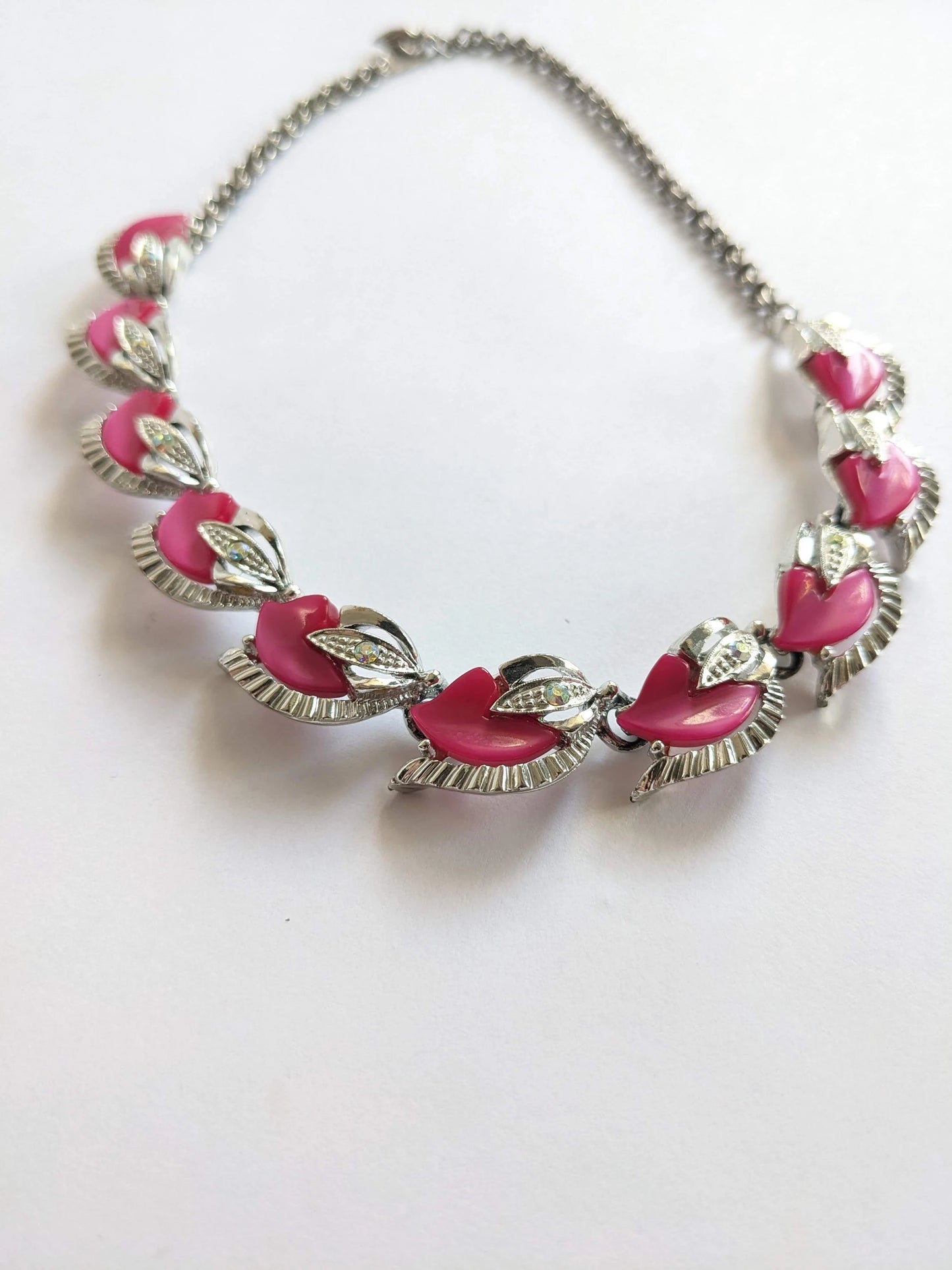 Silver Necklace with Pink Lucite Cabochons and Aurora Borealis Rhinestone Setting