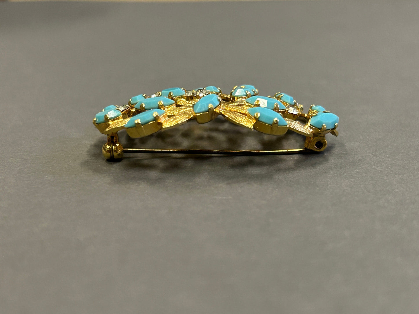 Turquoise and Gold Metal Brooch With Clear Crystals - Vintage 1980s