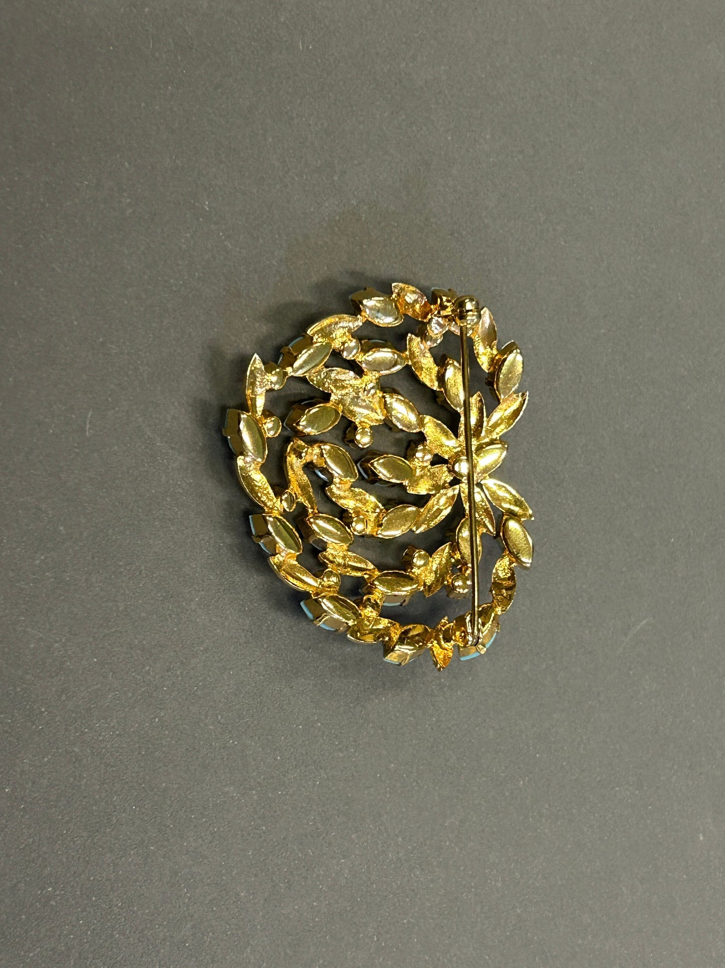 Turquoise and Gold Metal Brooch With Clear Crystals - Vintage 1980s