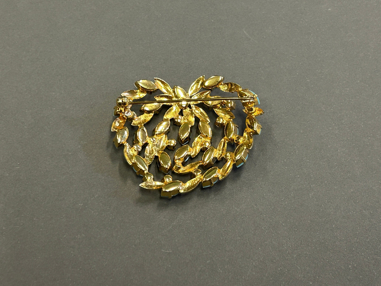Turquoise and Gold Metal Brooch With Clear Crystals - Vintage 1980s