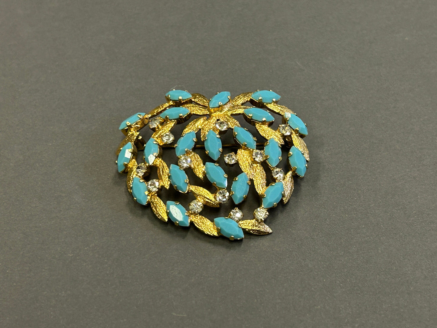 Turquoise and Gold Metal Brooch With Clear Crystals - Vintage 1980s