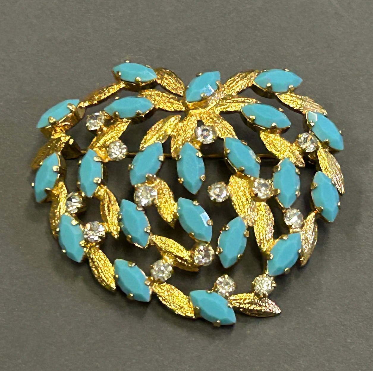 Turquoise and Gold Metal Brooch With Clear Crystals - Vintage 1980s
