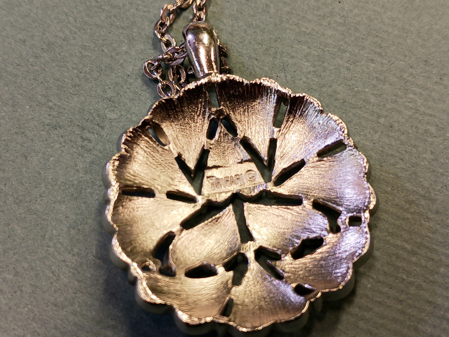 Trifari Double-Chained Silver Tone Necklace With Happy Heart Pendant- Signed Vintage Trifai 1970s - 1980s
