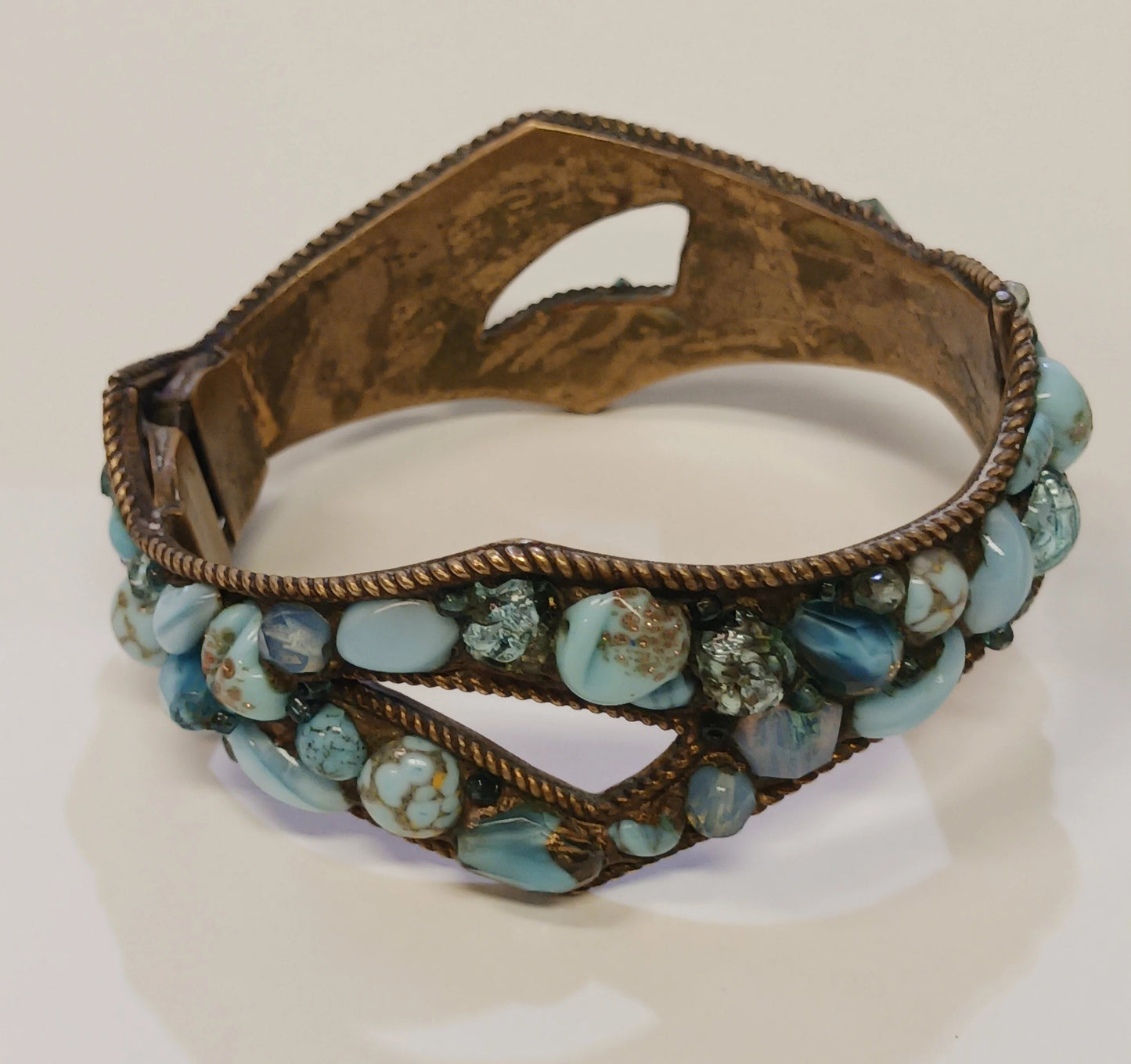 Aqua Glass and Brass Cuff Bracelet - Vintage 1950s Jewelry