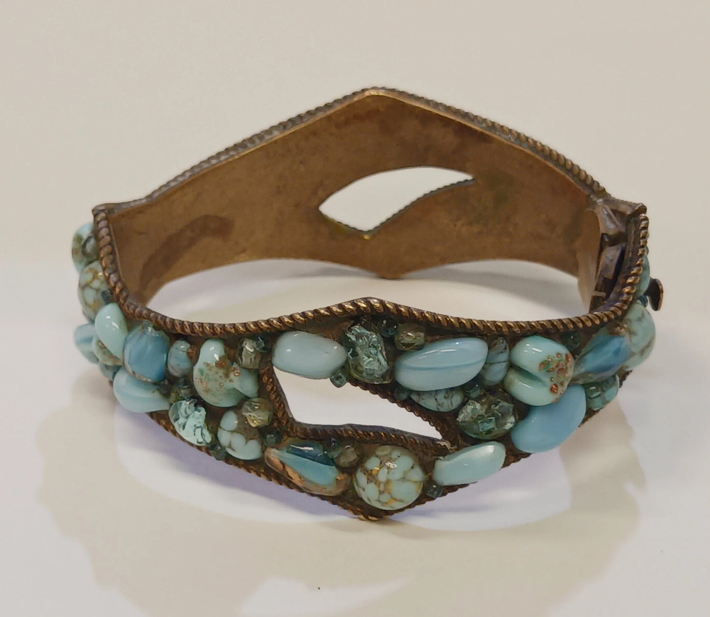 Aqua Glass and Brass Cuff Bracelet - Vintage 1950s Jewelry