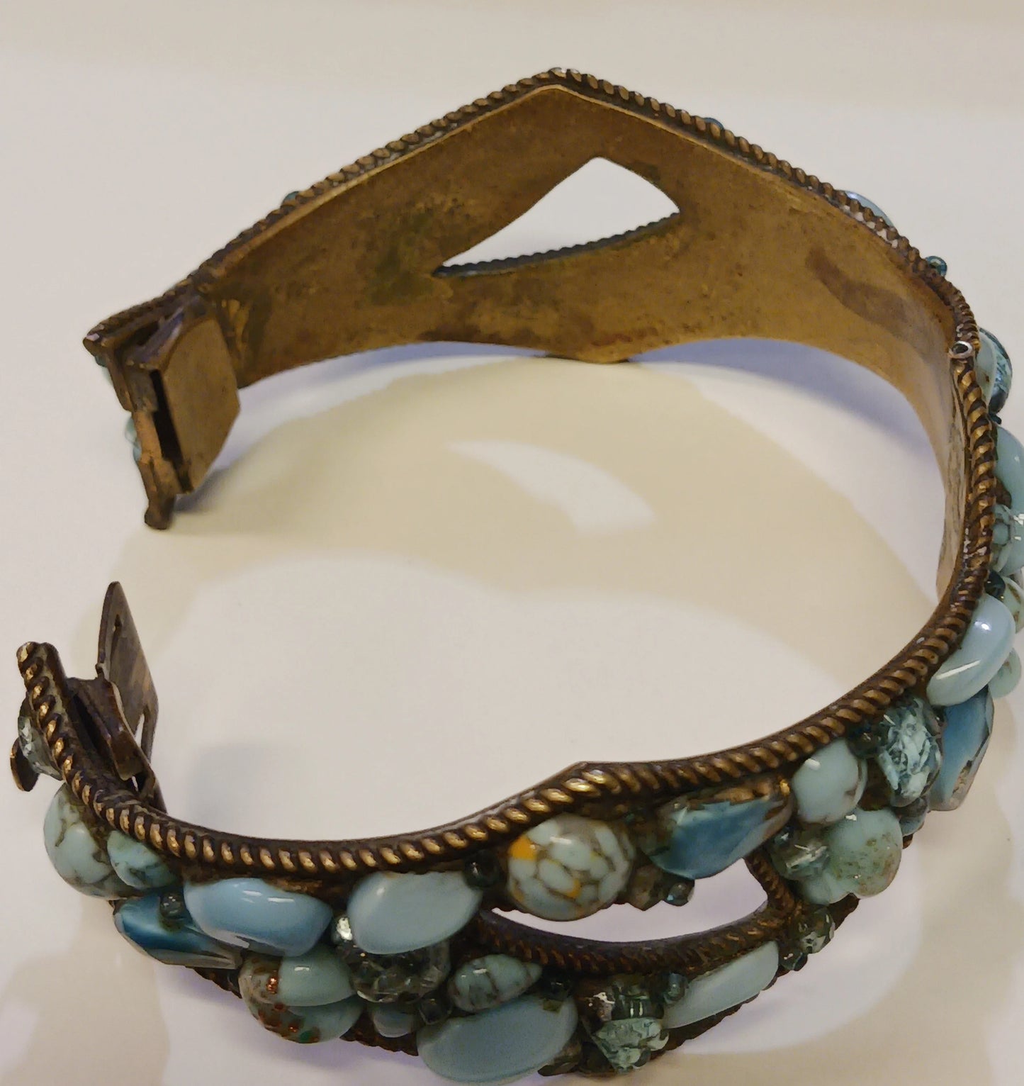 Aqua Glass and Brass Cuff Bracelet - Vintage 1950s Jewelry