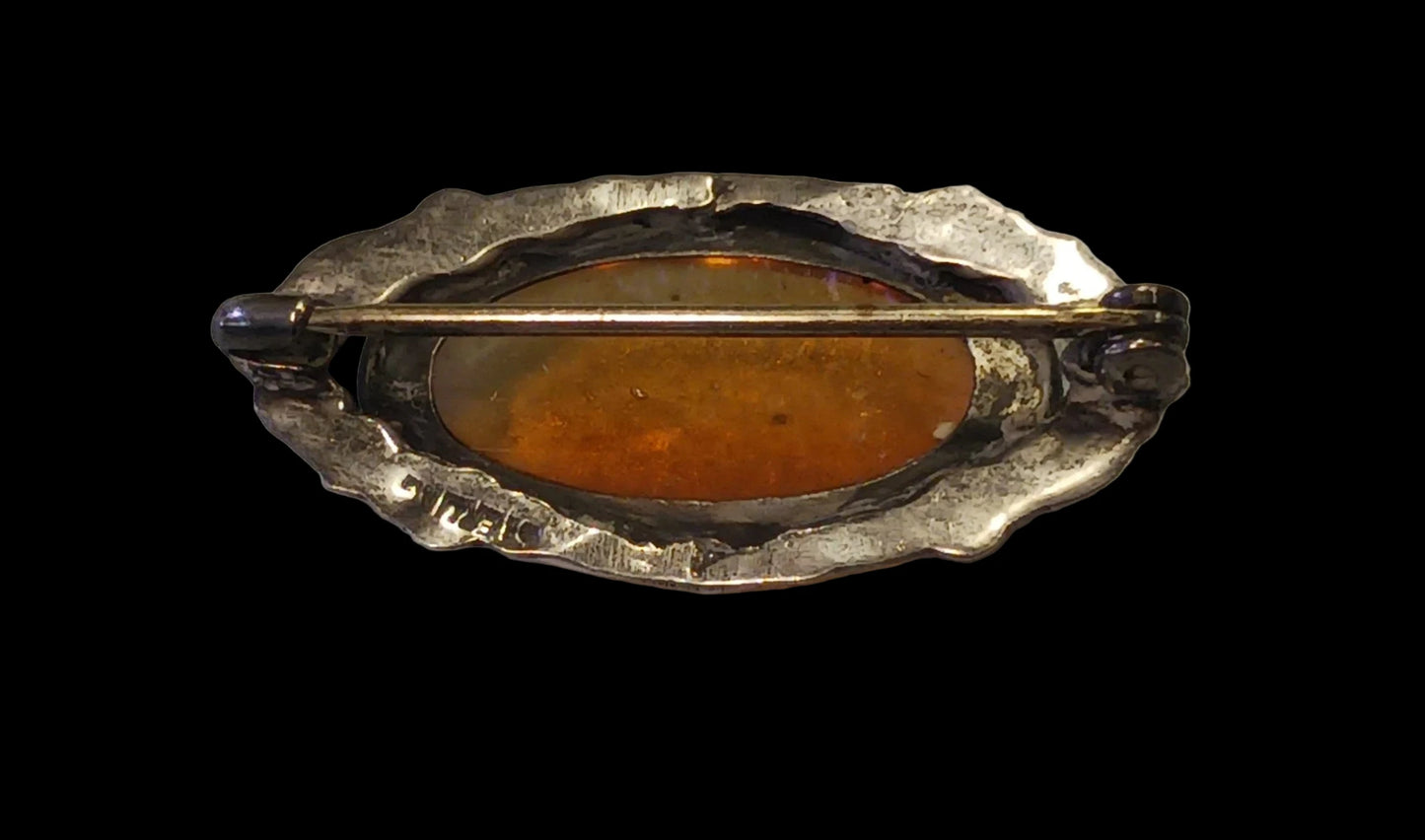 Art Nouveau Dragon's Breath Opal Set In Sterling Silver Brooch - RARE Turn of the Century 1900 Bohemian Glass Opal in Silver Surround