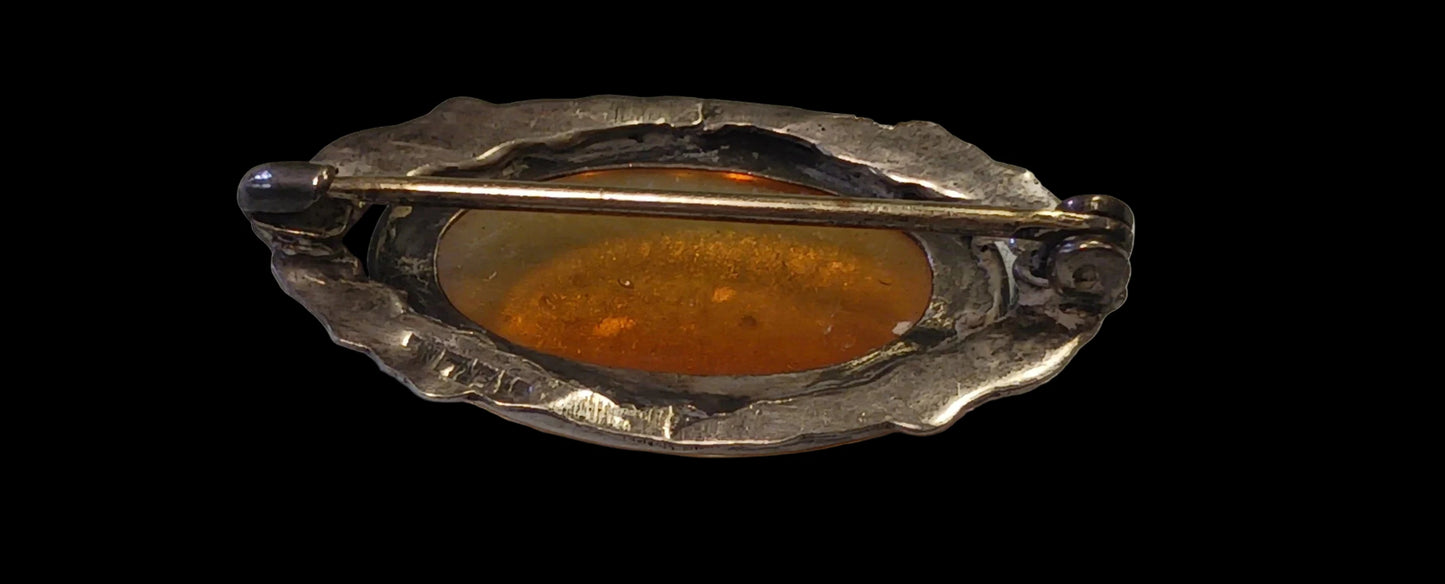 Art Nouveau Dragon's Breath Opal Set In Sterling Silver Brooch - RARE Turn of the Century 1900 Bohemian Glass Opal in Silver Surround