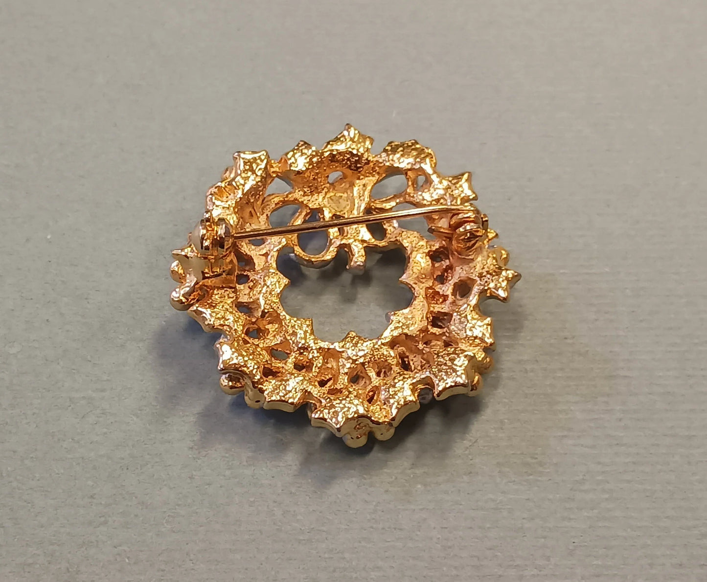 Two-Tone Holly Wreath Brooch - Silver Tone Base with Gold Tone Berries