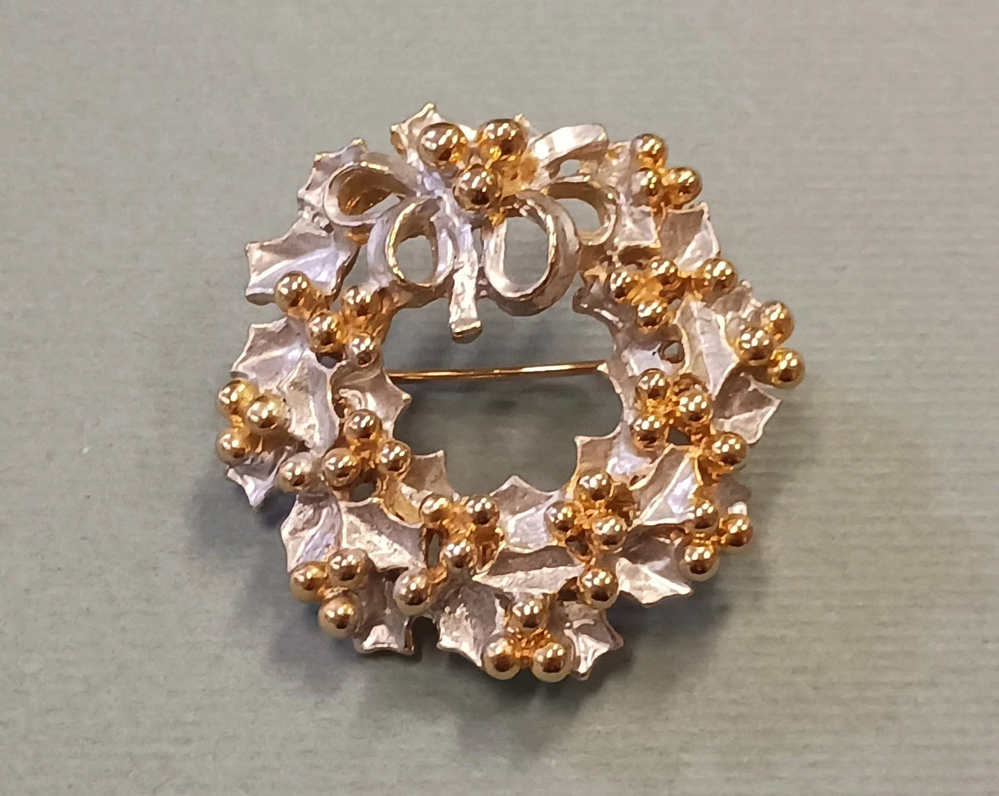 Two-Tone Holly Wreath Brooch - Silver Tone Base with Gold Tone Berries