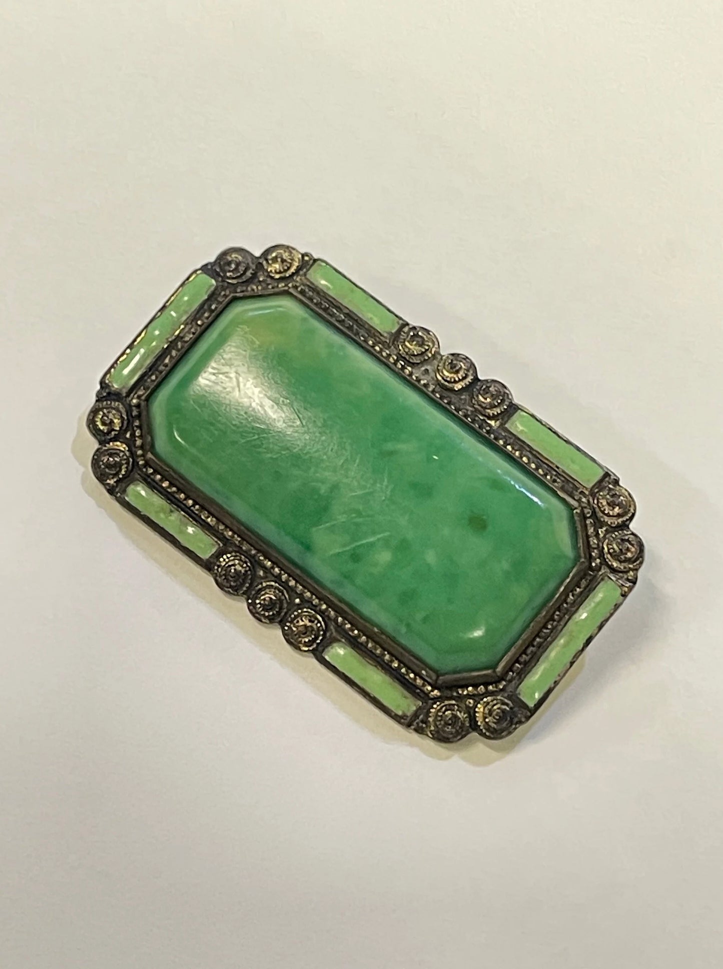 Edwardian Art Nouveau Green Peking Glass Bar Pin - Victorian Jewelry of Glass