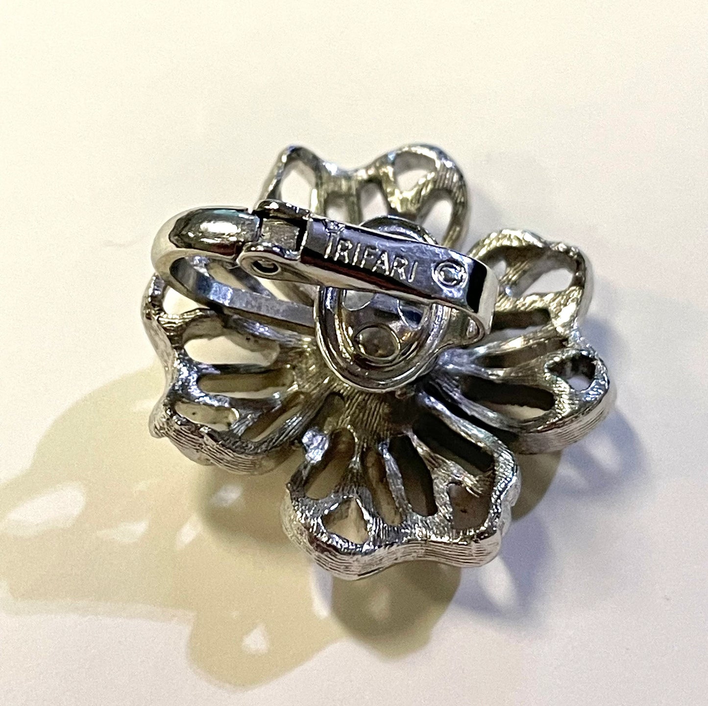 Trifari Clip On Earrings Jewelry - Silver Tone Four Petal Flowers