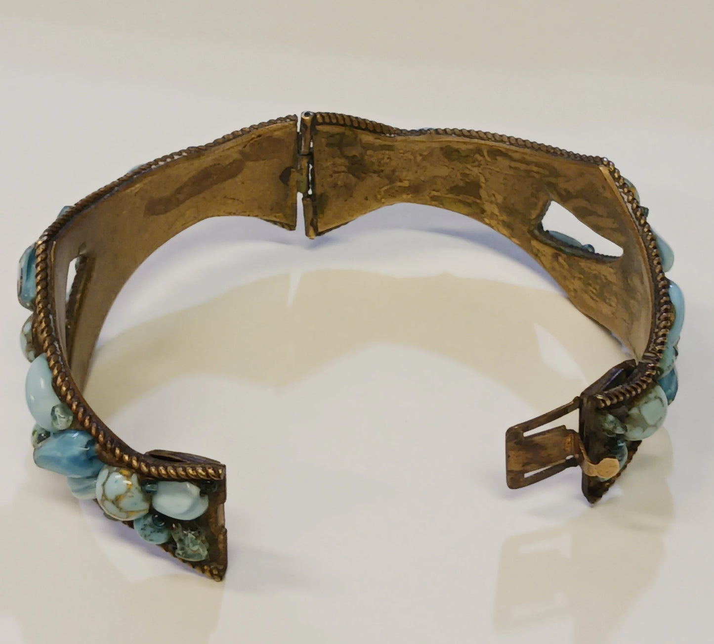 Aqua Glass and Brass Cuff Bracelet - Vintage 1950s Jewelry