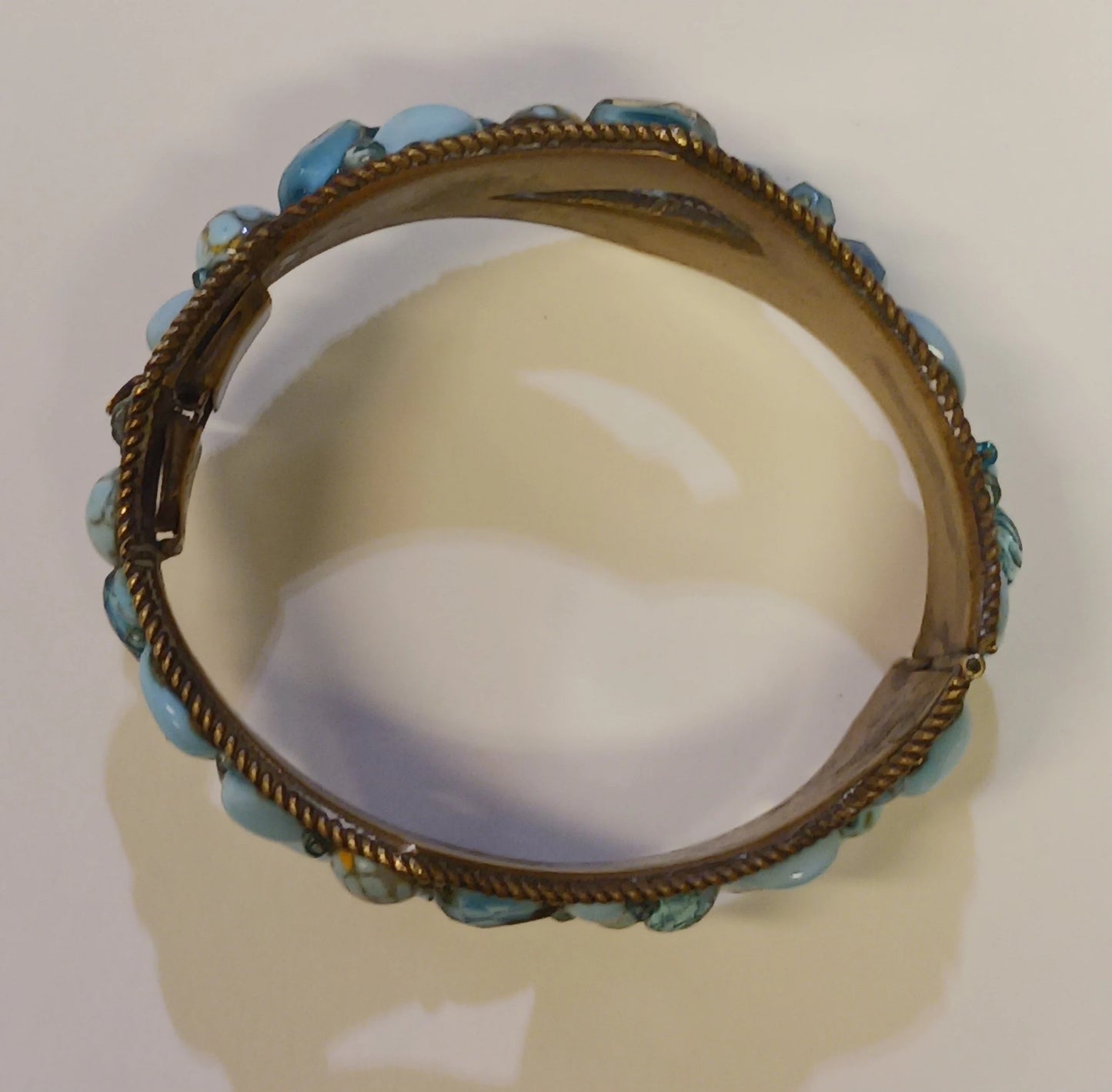 Aqua Glass and Brass Cuff Bracelet - Vintage 1950s Jewelry