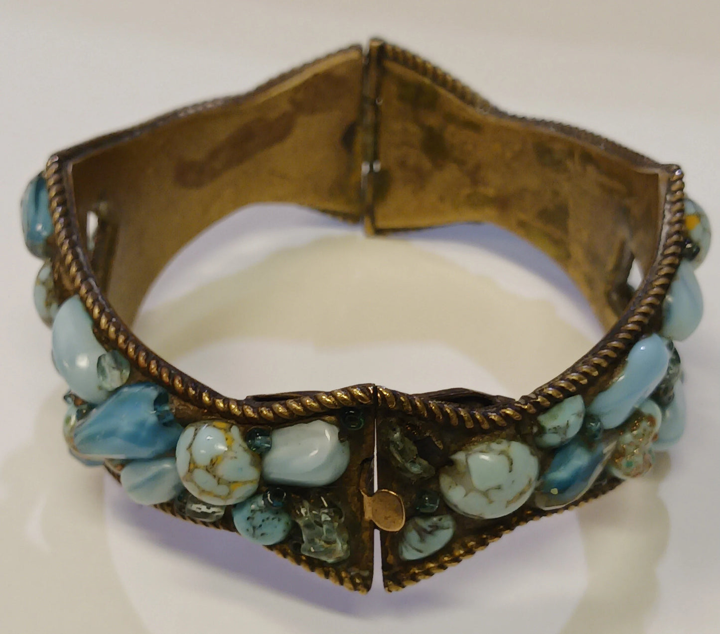 Aqua Glass and Brass Cuff Bracelet - Vintage 1950s Jewelry