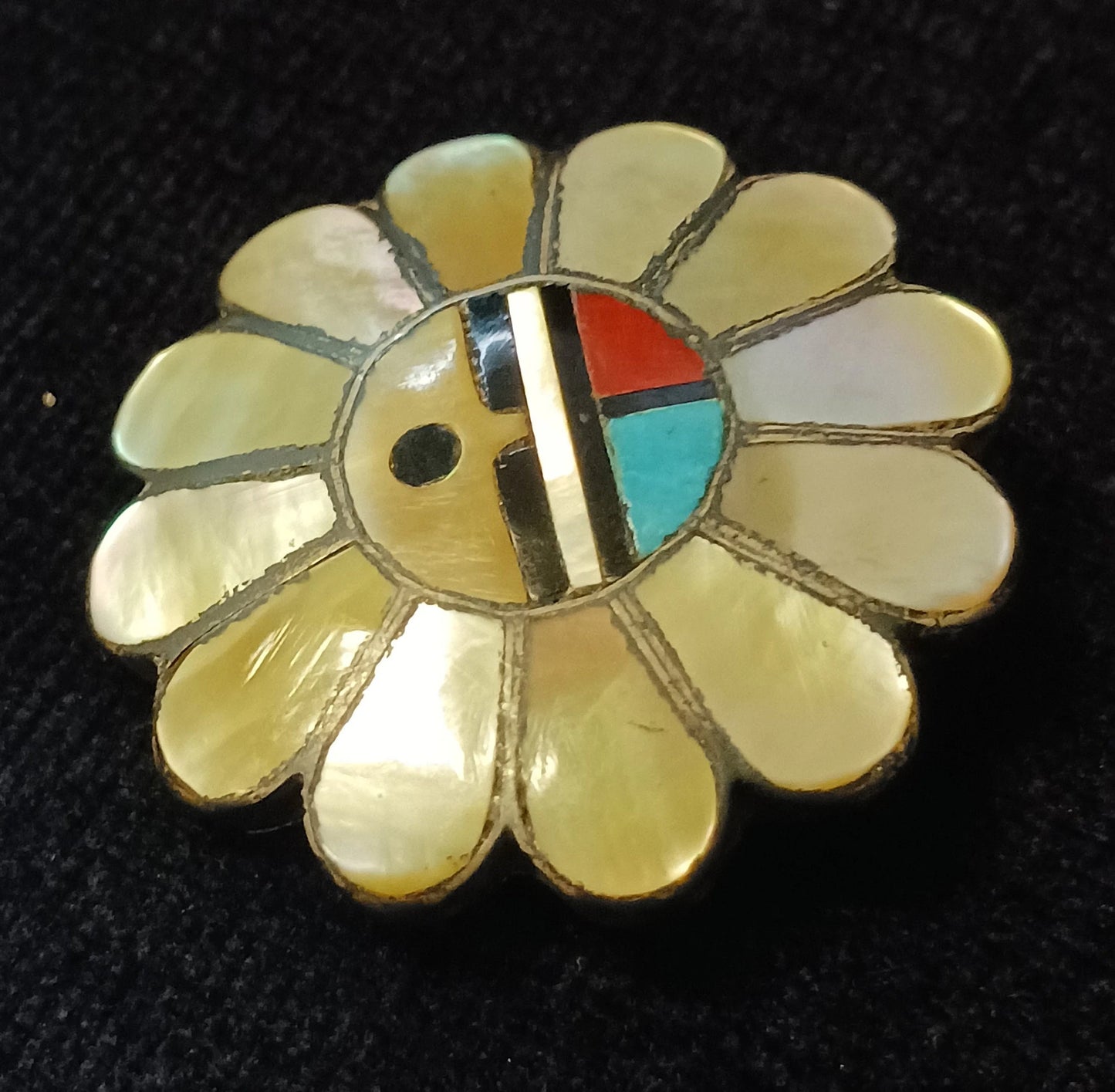 Zuni Sun Face Pin - Zuni Sun Face Pendant - Dual Use Zuni Pin/Pendant - Shell, Tourquoise, Coral and Onyx Channel set on 9.25 Silver Base