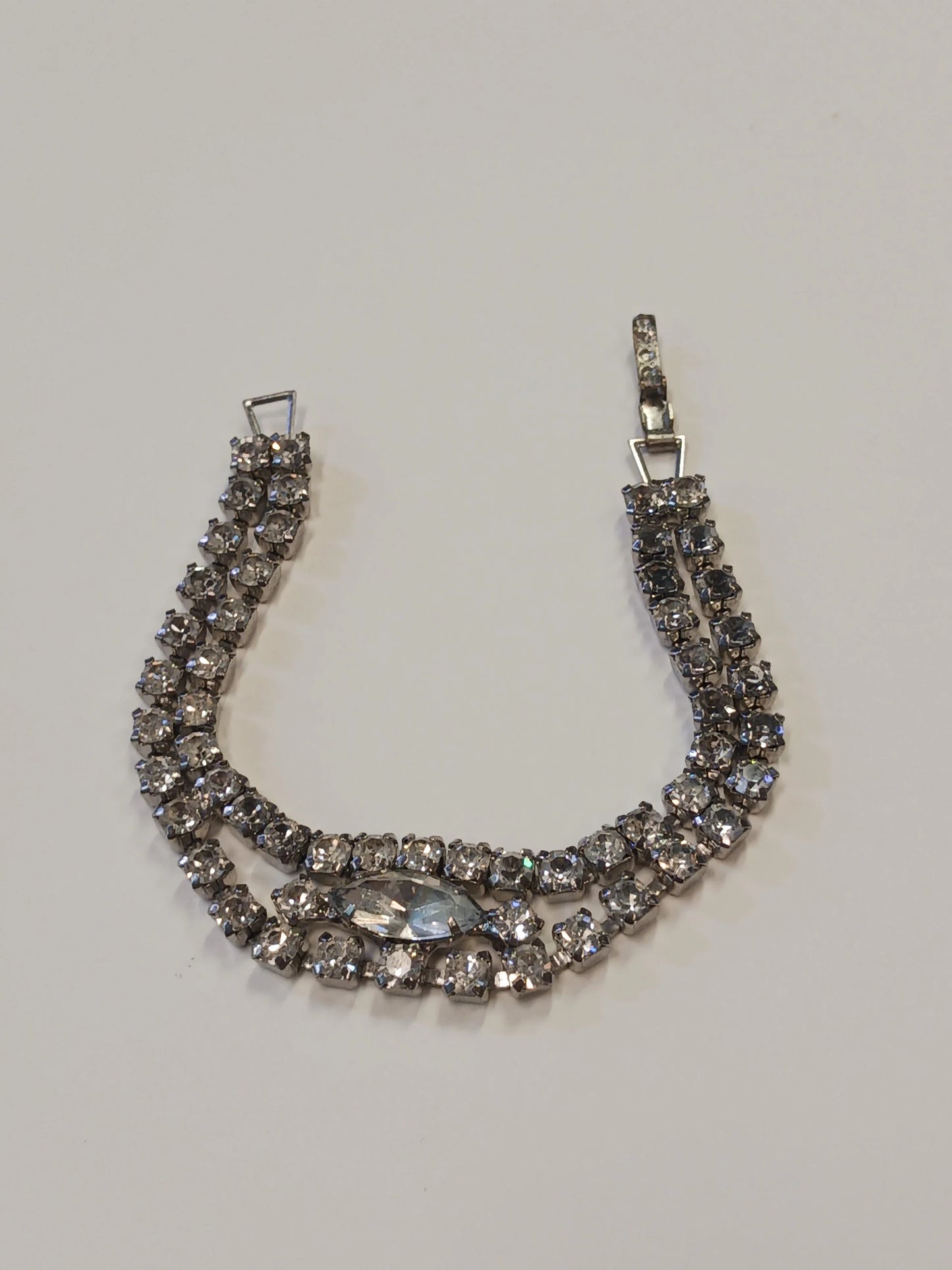 Double Strand Crystal Rhinestone Bracelet With Large Diamond Shaped Center - Vintage 1950s - Great Bridal Jewelry